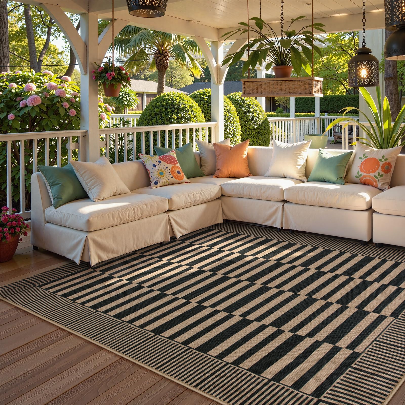 Beevia Striped 5x7 Black Jute Rug, Washable Outdoor Indoor Carpet for Living Room Dining Room, Farmhouse Modern Non-Slip Non-Shedding Rug for Patio