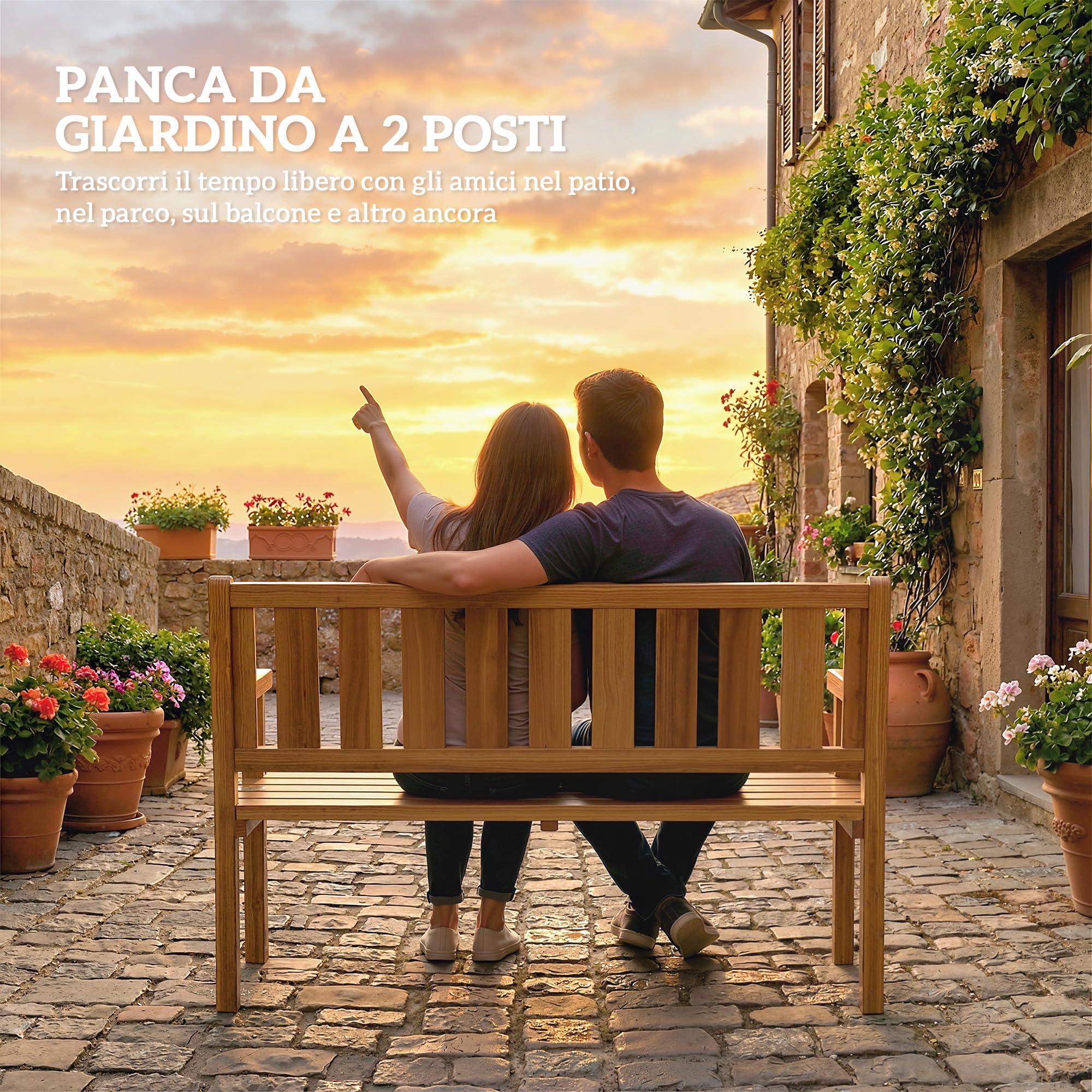 Outsunny Panchina da Giardino da 2 Posti a Doghe 150x57x93 cm Color Teak | Panchina da Esterno in Legno di Abete, Stile Country, Panca per Terrazza Patio e Cortile