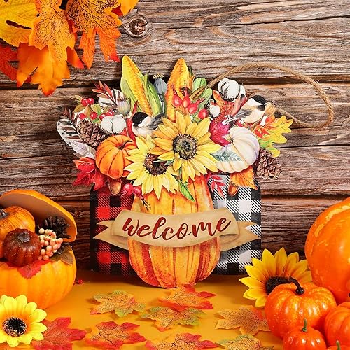 Miniatura 4 de Letrero de bienvenida floral de otoño, de madera, para colgar en la puerta, para otoño, calabaza, cosecha, decoración de bienvenida para casa de