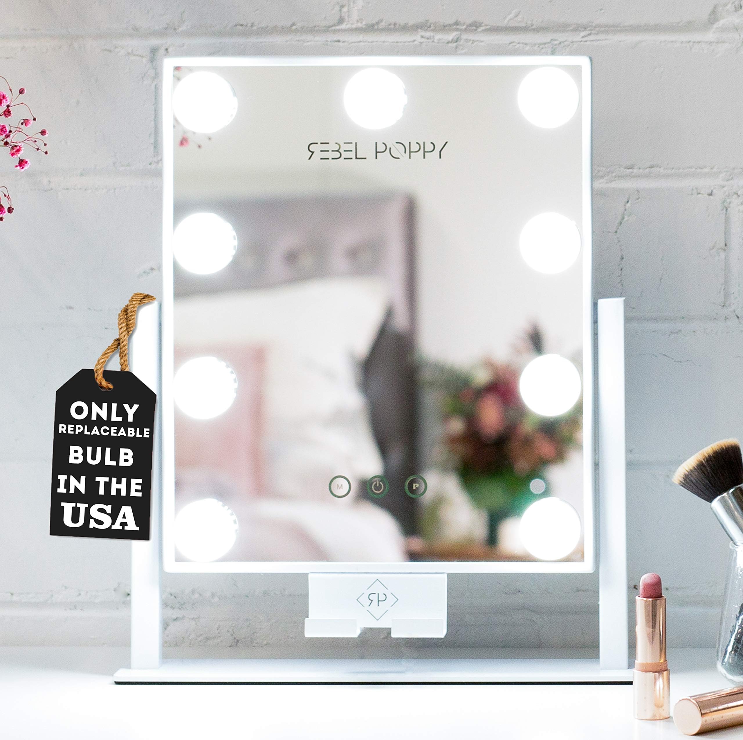 Rebel Poppy Lighted Makeup Mirror with LED Lights and Phone Mount, 3 Lighting Touch Control, 14.5” x 12”, Fogless - Counter Top Mirrors - Mini, White