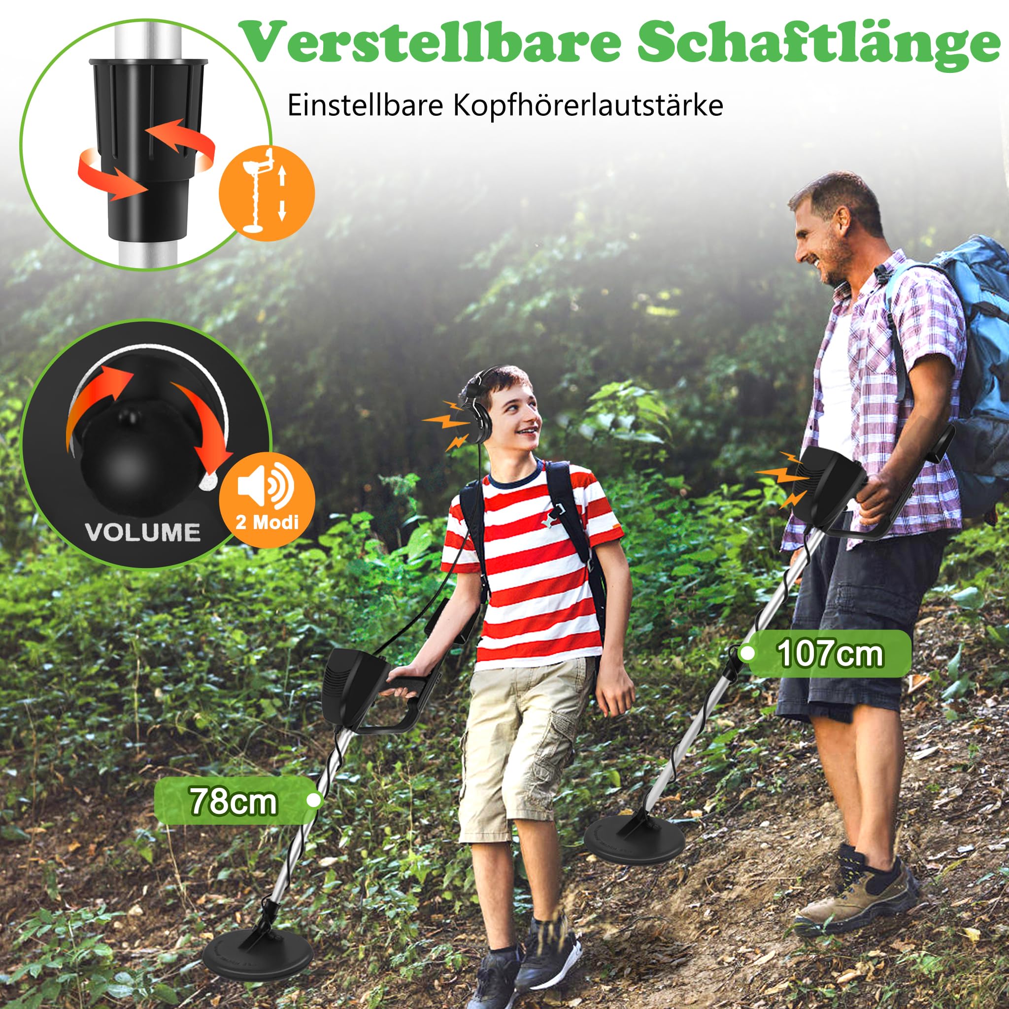 YRHome Kit de detector de metales para niños y adultos de hasta 30 cm, ligero, 78-107 cm, altura ajustable, 2 modos con bobina de búsqueda, bolsa de transporte y auriculares, dispositivo de búsqueda