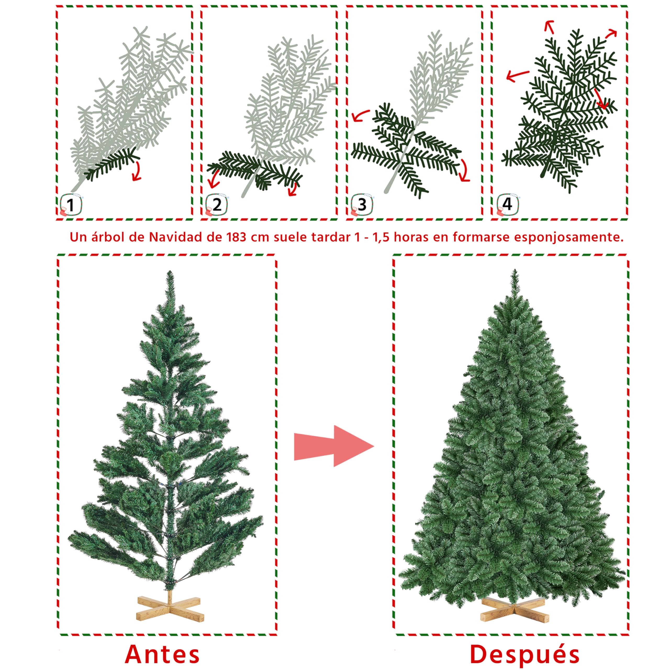 Yaheetech Árbol de Navidad Artificial de 183 cm con 903 Puntas, Resistente al Fuego, PVC, Incluye Soporte de Metal con Vetas de Madera de Abeto, Color Verde