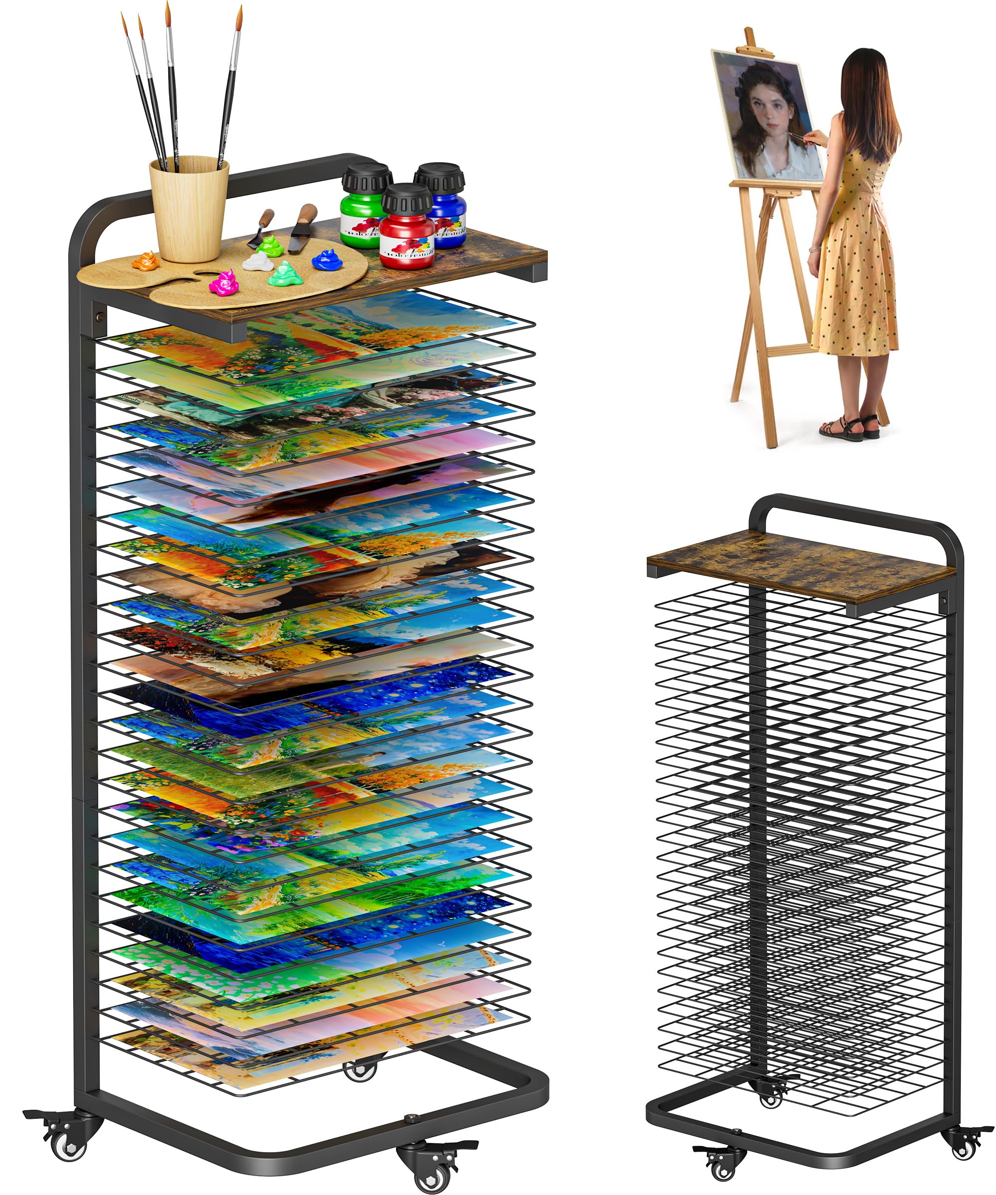 mocomax Estante de secado de arte con tablero superior, soporte móvil de secado de pintura con 25 estantes extraíbles, estante de almacenamiento funcional de lona con ruedas bloqueables para aulas y