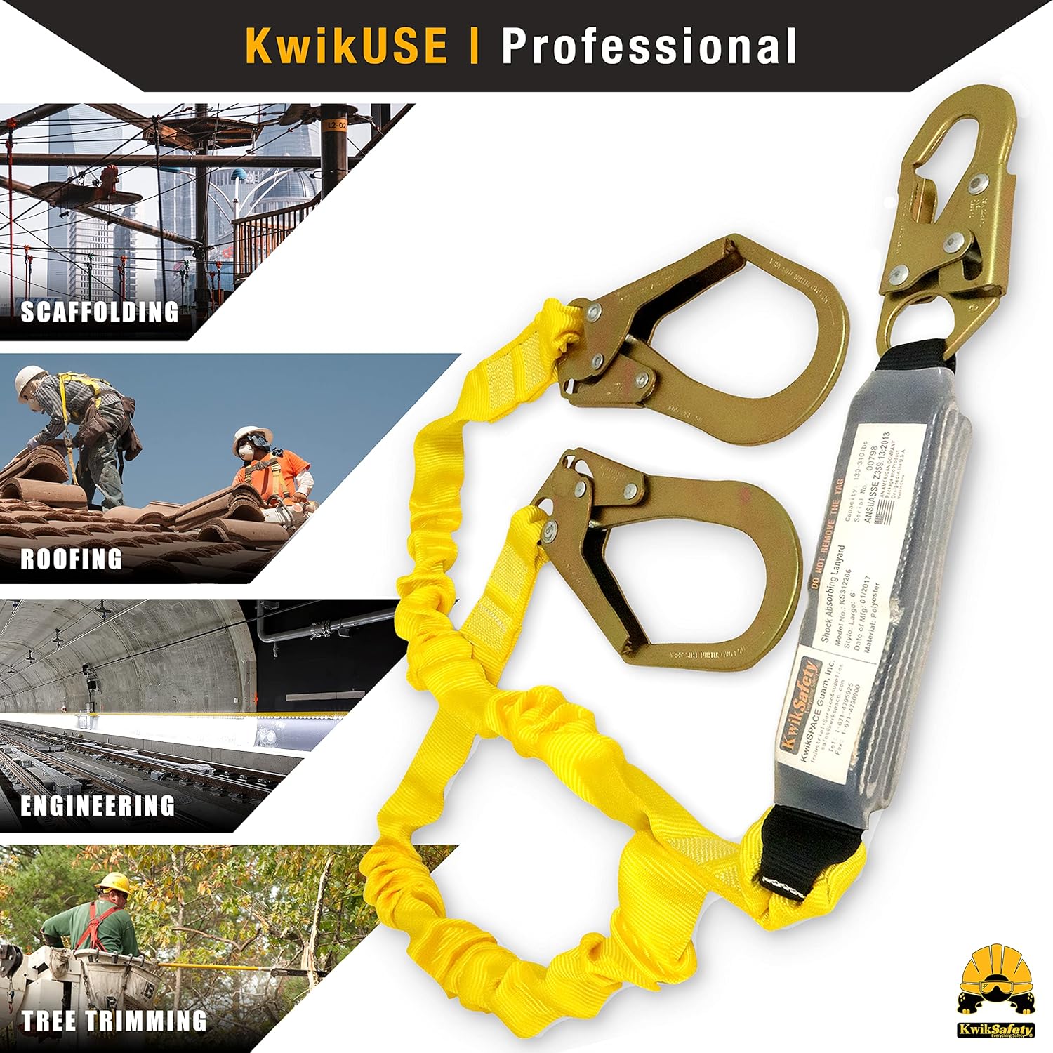 KwikSafety - Charlotte, NC - Python [External Shock Absorber] Double Leg 6ft Safety Lanyard OSHA ANSI Fall Protection Restraint Equipment Snap Rebar Connectors Construction Arborist Roofing