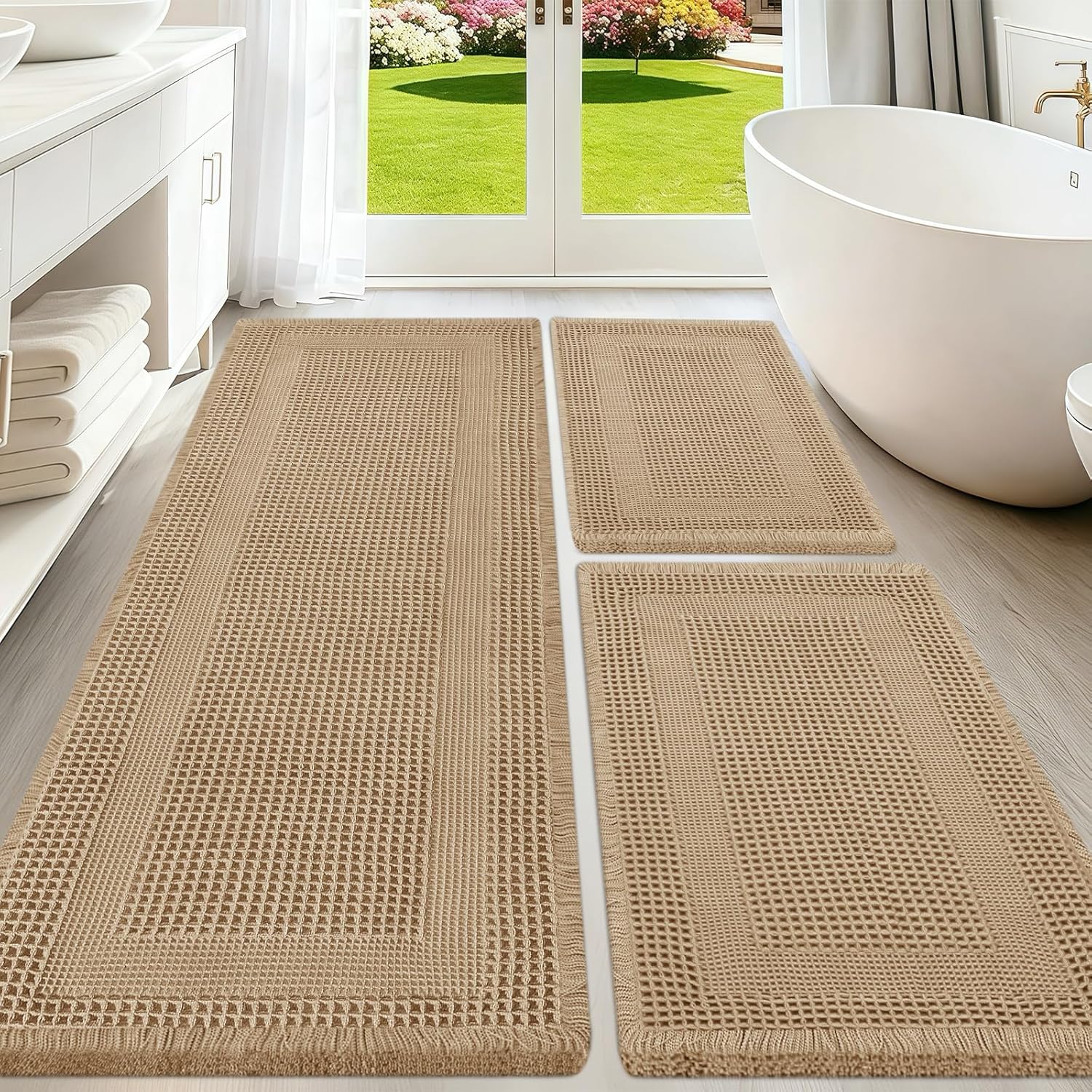 Upgraded Waffle Bath Mat Set 3 Piece Beige-Looped, Super Absorbent Non-Slip Quick Dry Bathroom Rugs with Tassels, Machine Washable Ultra Soft Boho Bath Rugs for Floor, Toilet Mats Boho Farmhouse Decor