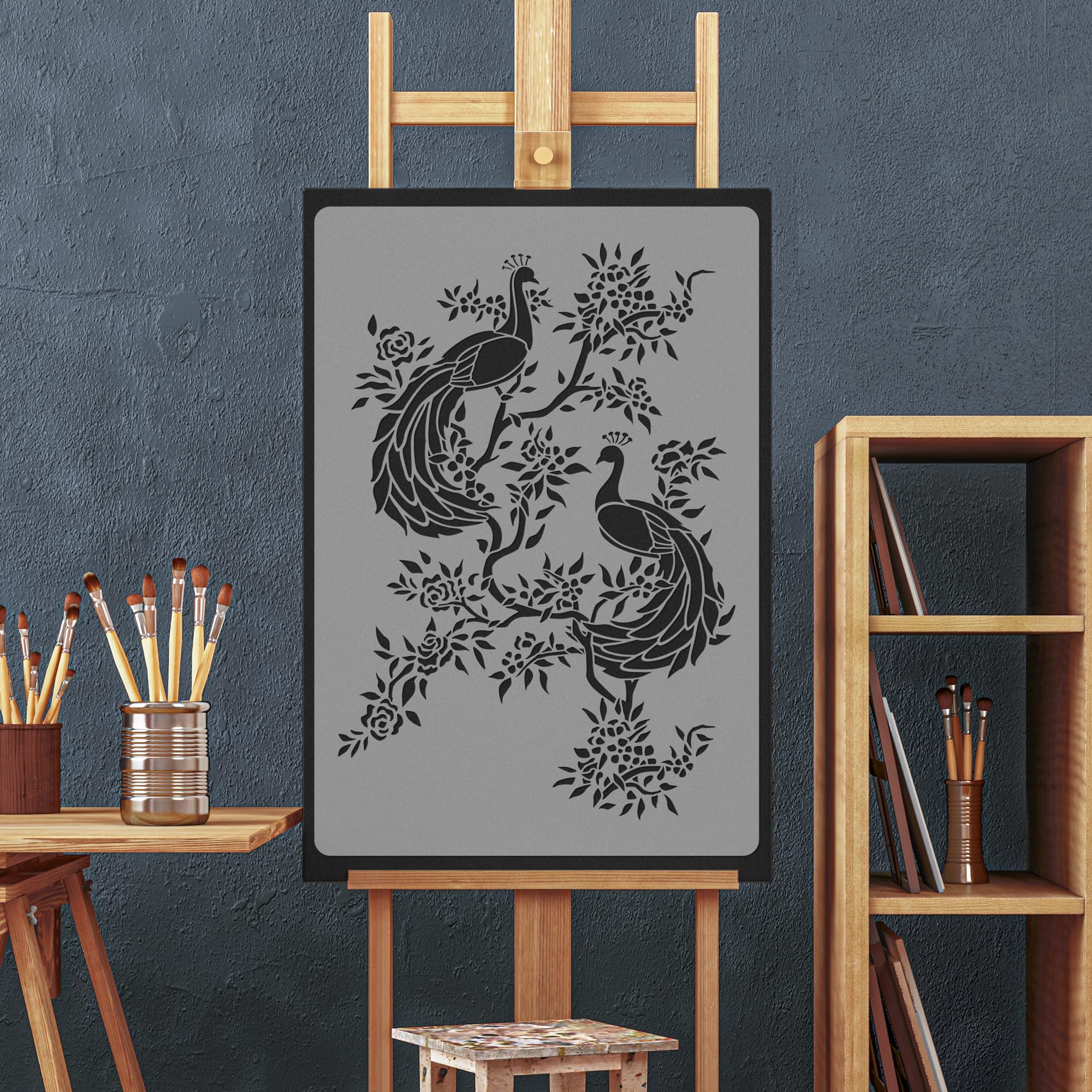 NAKLEO Wandschablone Groß Muster, Malschablone 59x95cm Pfau Chinoiserie Königlich Wiederverwendbare Kunststoff, Geometrische Tapete Wandgestaltung, DIY Craft, Holz Möbel Boden Stoff