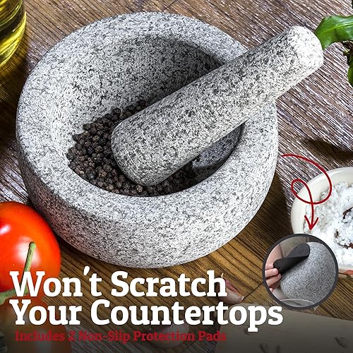 Vista 16 de Priority Chef Juego de mortero y mortero grande de alta resistencia, 100% granito, base antideslizante, guacamole fresco, salsa, pesto, tazón