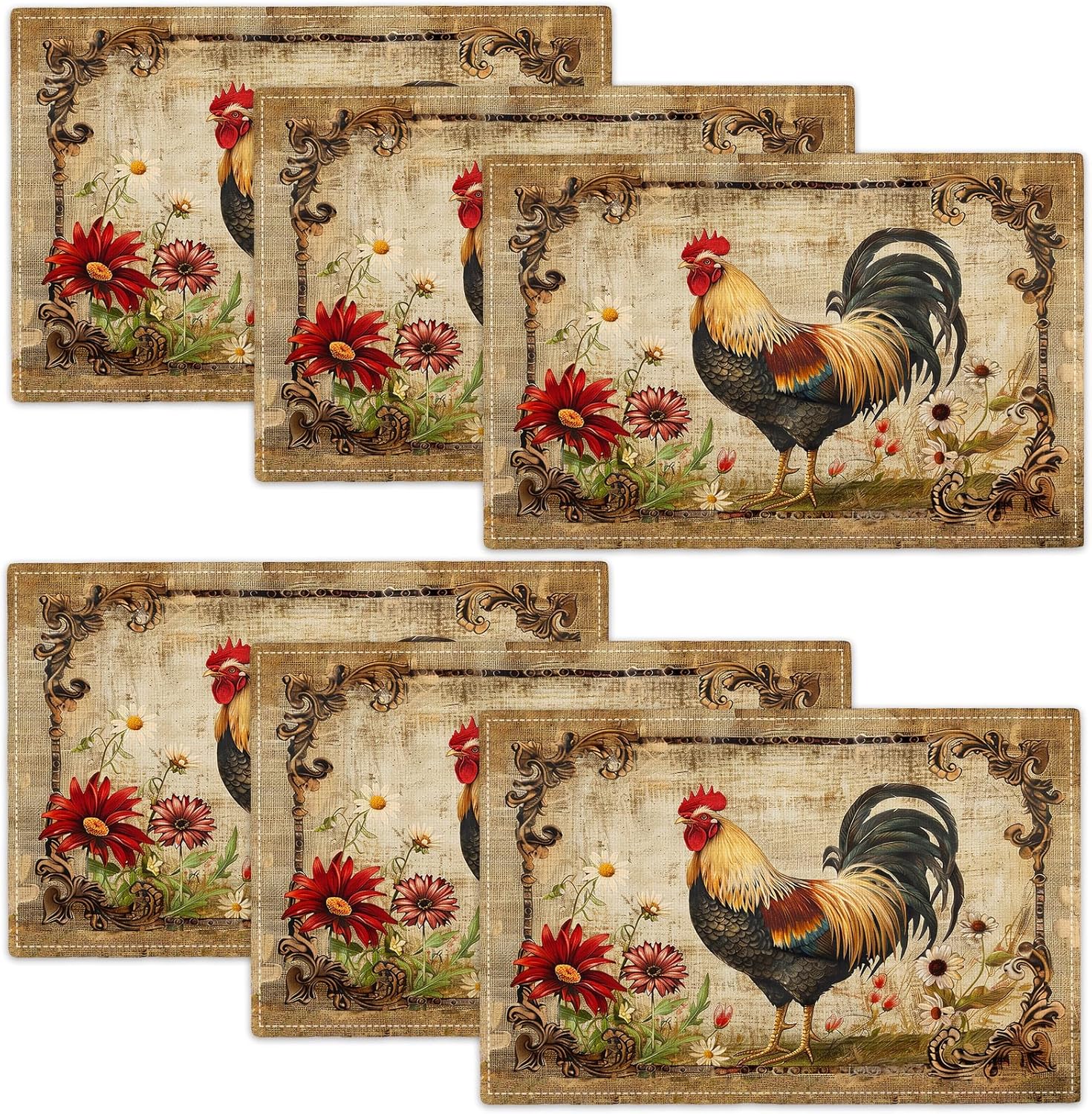 Farmhouse Rooster Placemats Set of 6 Farm Chicken Table