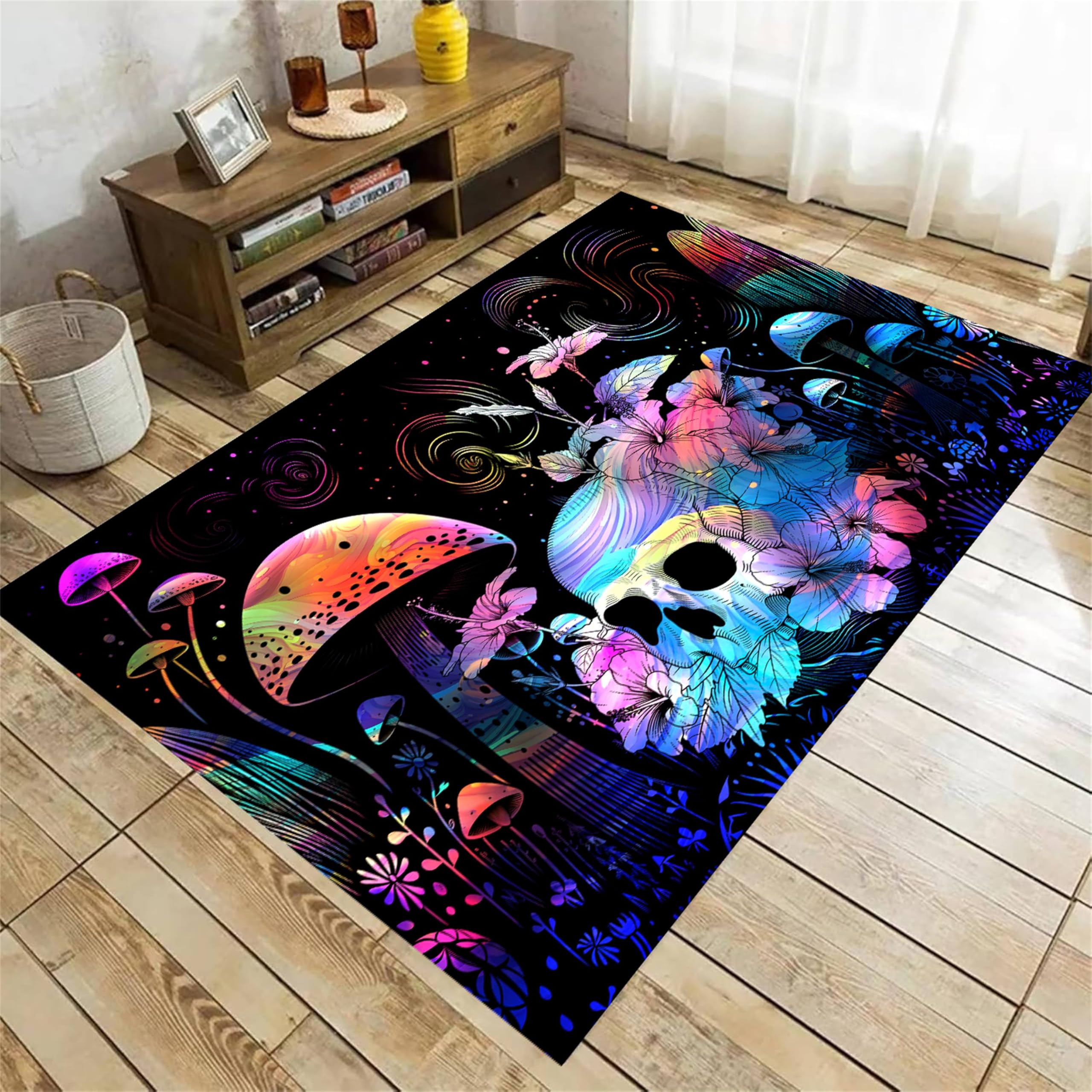 HONGXIU Gothic Skull Rug,4x6ft,Fantasy Forest Plant Mushroom Rug, Cute and Fun Gothic Vintage Mushroom Rug, Soft Non-Slip Washable Rug for Modern