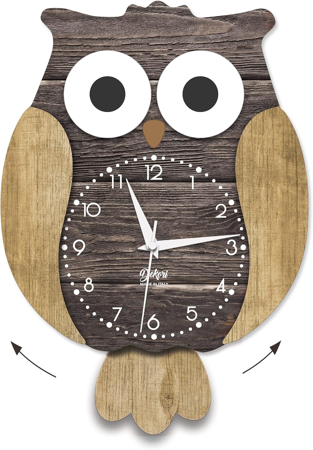 DEKORI Reloj de búho con péndulo. Mecanismo ultra silencioso. Decora y alegra cualquier habitación de la casa, cocina salón habitación infantil. Fabricado en Italia.