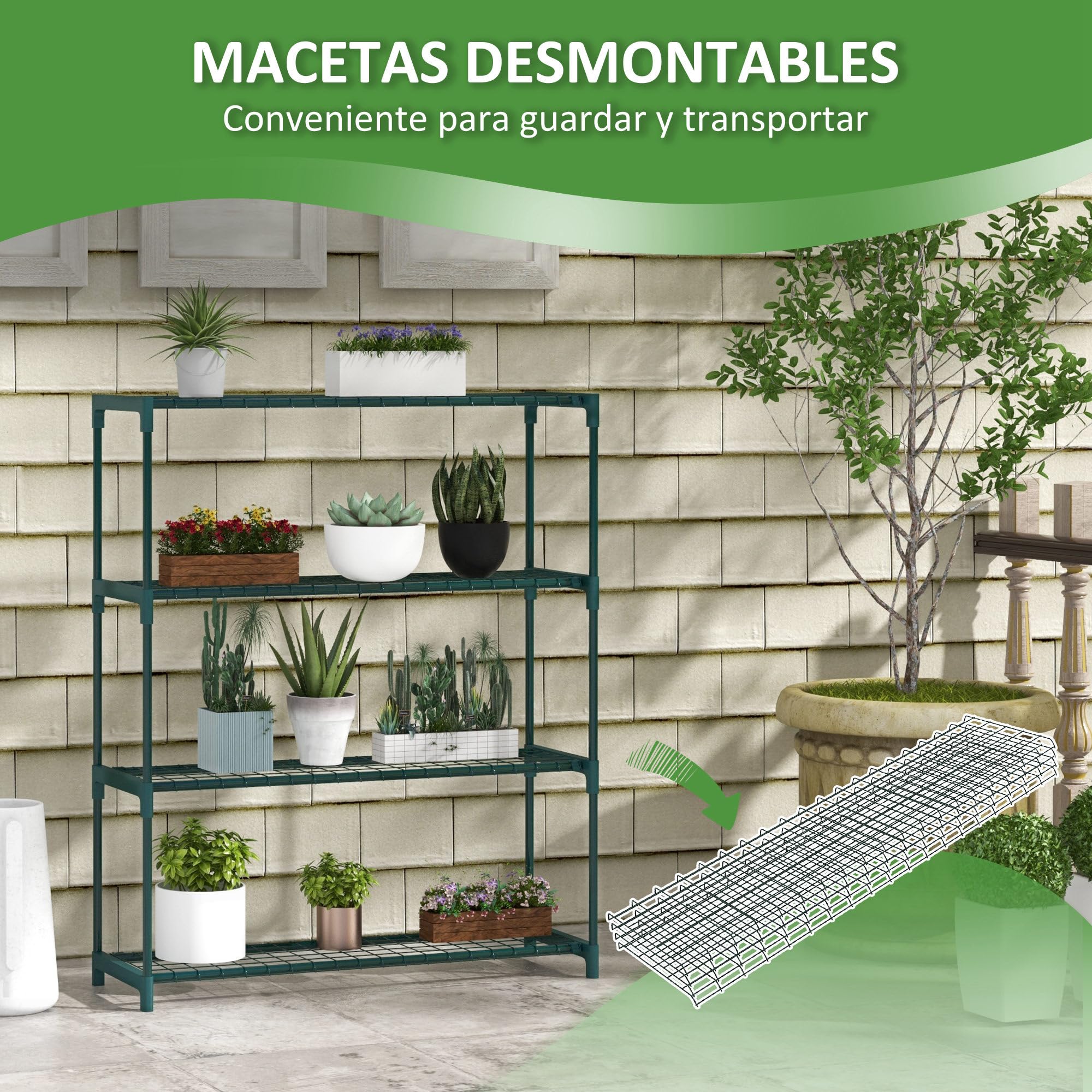 Outsunny Estantería para Plantas de 4 Niveles Soporte para Macetas de Acero para Jardín Terraza Patio 89x28x107 cm Verde Oscuro