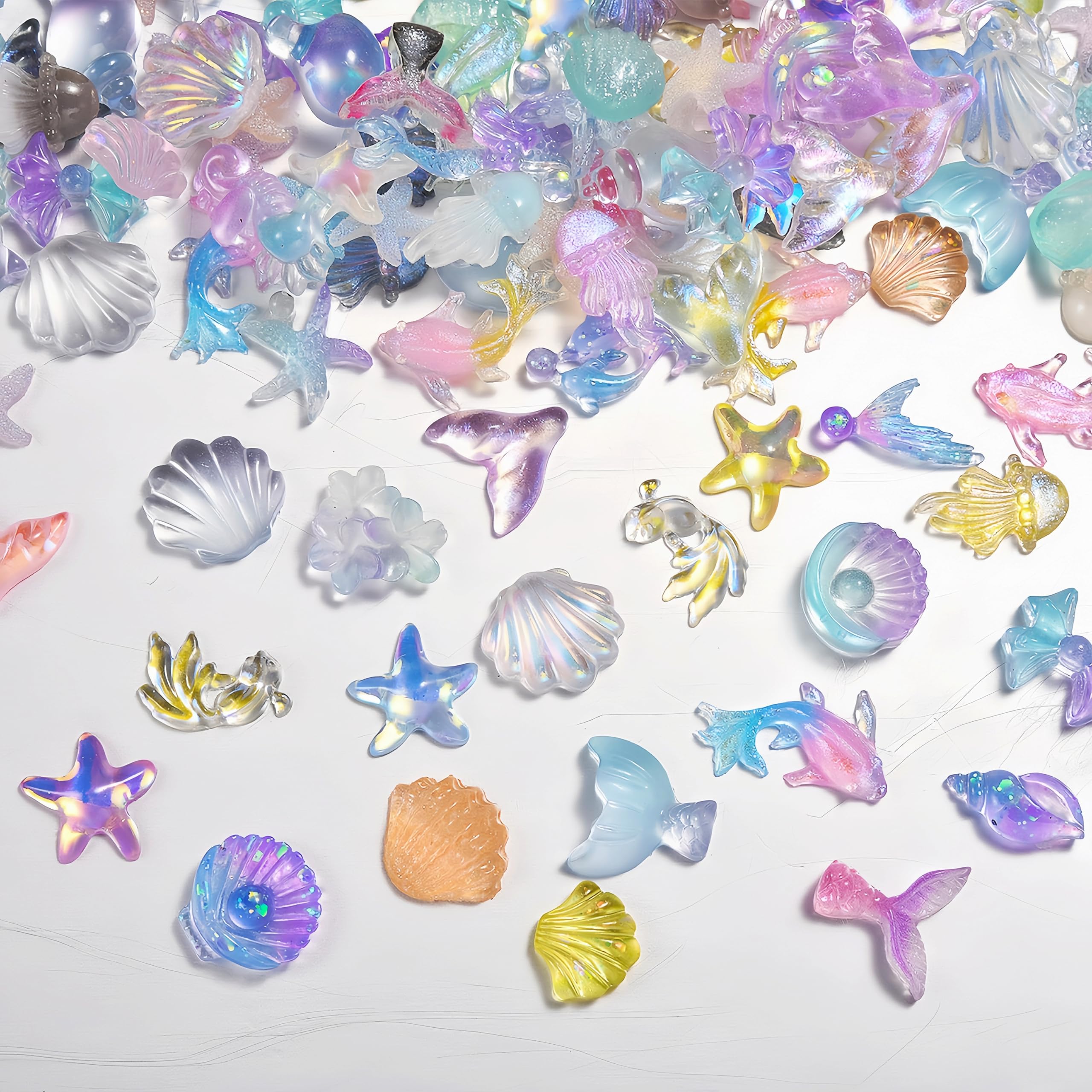 100PCS Summer Beach Nail Resin Charms Summer Ocean Theme Nail Rhinestone Diamonds 3D Starfish Charms for Nails Sea Shell Starfish Dolphin Fishtail Nail Gem for Women Nail Supplies Manicure Decoration
