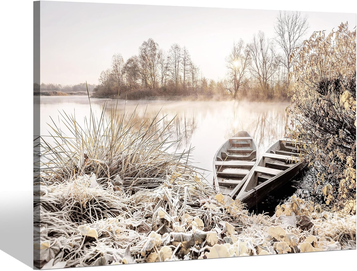 Sea Whisper Lake Sunset Canvas Wall Art: Boat Picture Nature Landscape Prints Lakeside Reed Painting Dock Scene Artwork for Bedroom Living Room Home Office