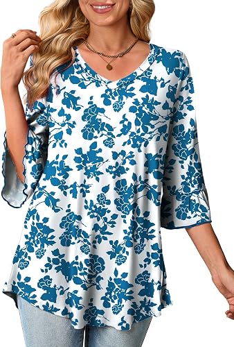 OIDUICOULD Women's Plus Size Casual V Neck Tops 3/4 Bell Sleeve Shirts Ruffle Bl