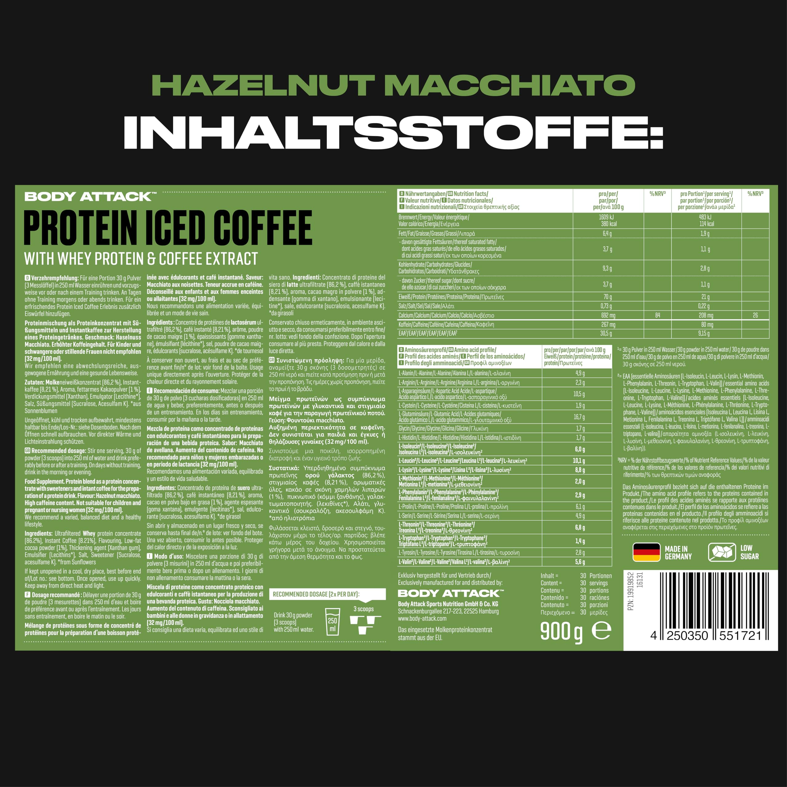 Body Attack Protein Iced Coffee Hazelnut Macchiato, 900 g - Whey Protein Pulver mit Kaffee Extrakt - Erfrischender Proteinshake mit Instantkaffee und Kakao - Mit Koffein, Made in Germany