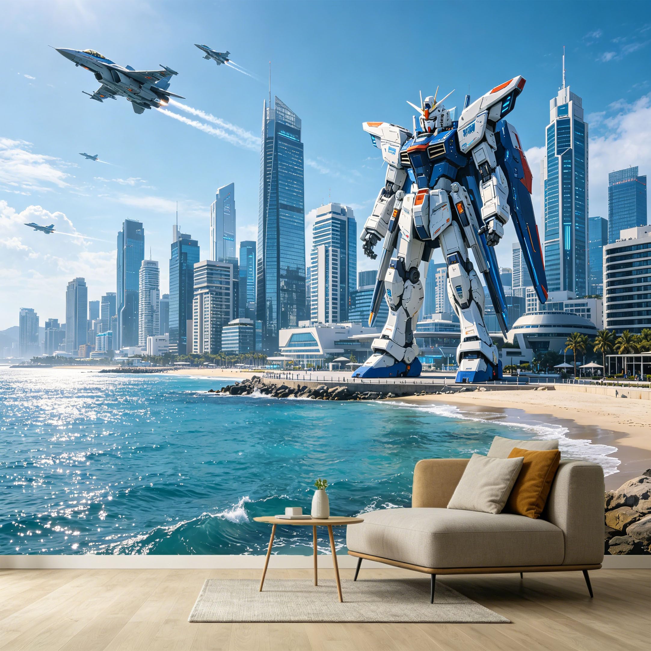 Custom Size Wall Murals Modern Contemporary Futuristic Robot Ocean Coastal Cityscape SelfAdhesive Wall Fabric Removable Large Wallpaper for Photo Living Room