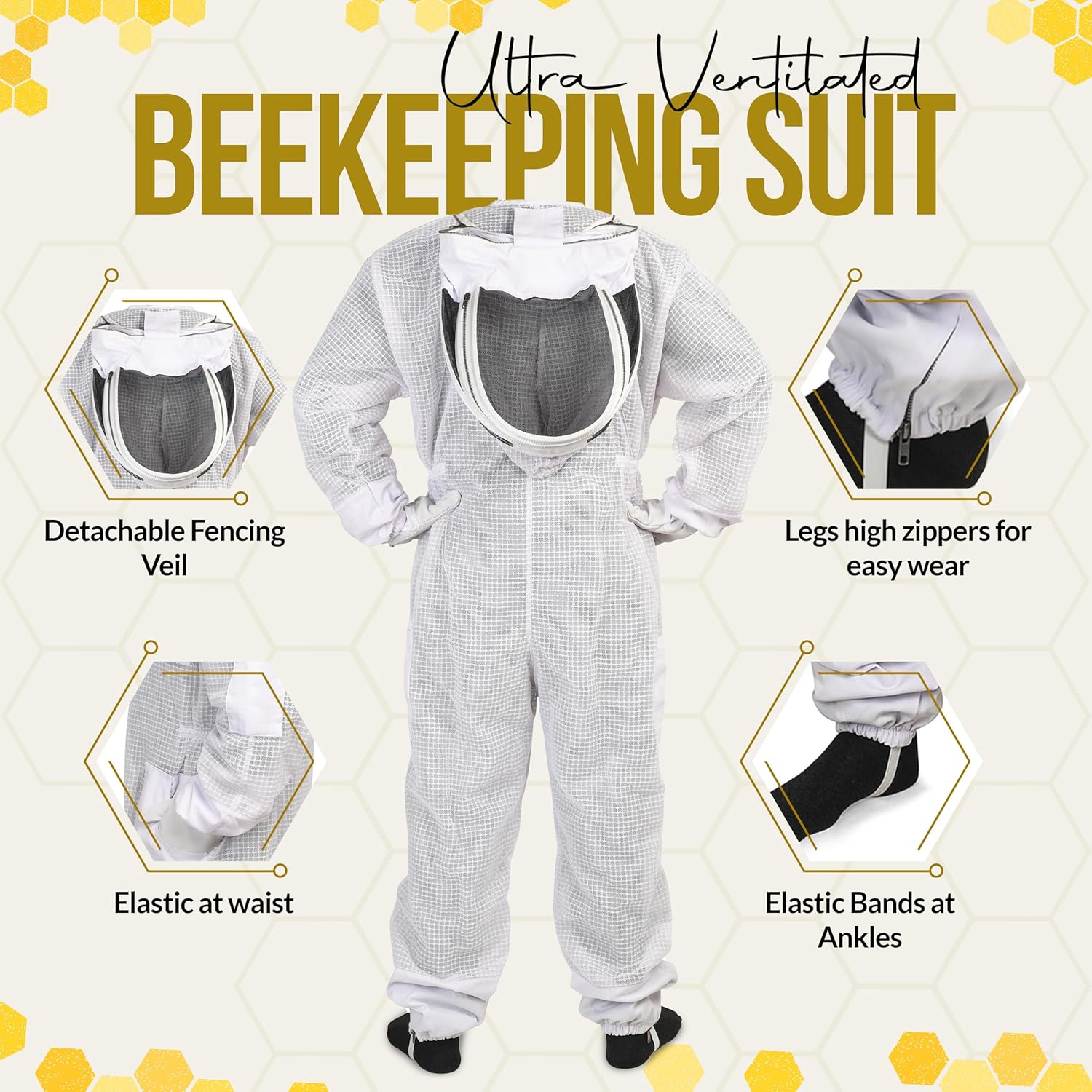Beekeeping Suit Ventilated for Men Women Bee Suit 3 Layer with Fencing Veil One Pair Gloves