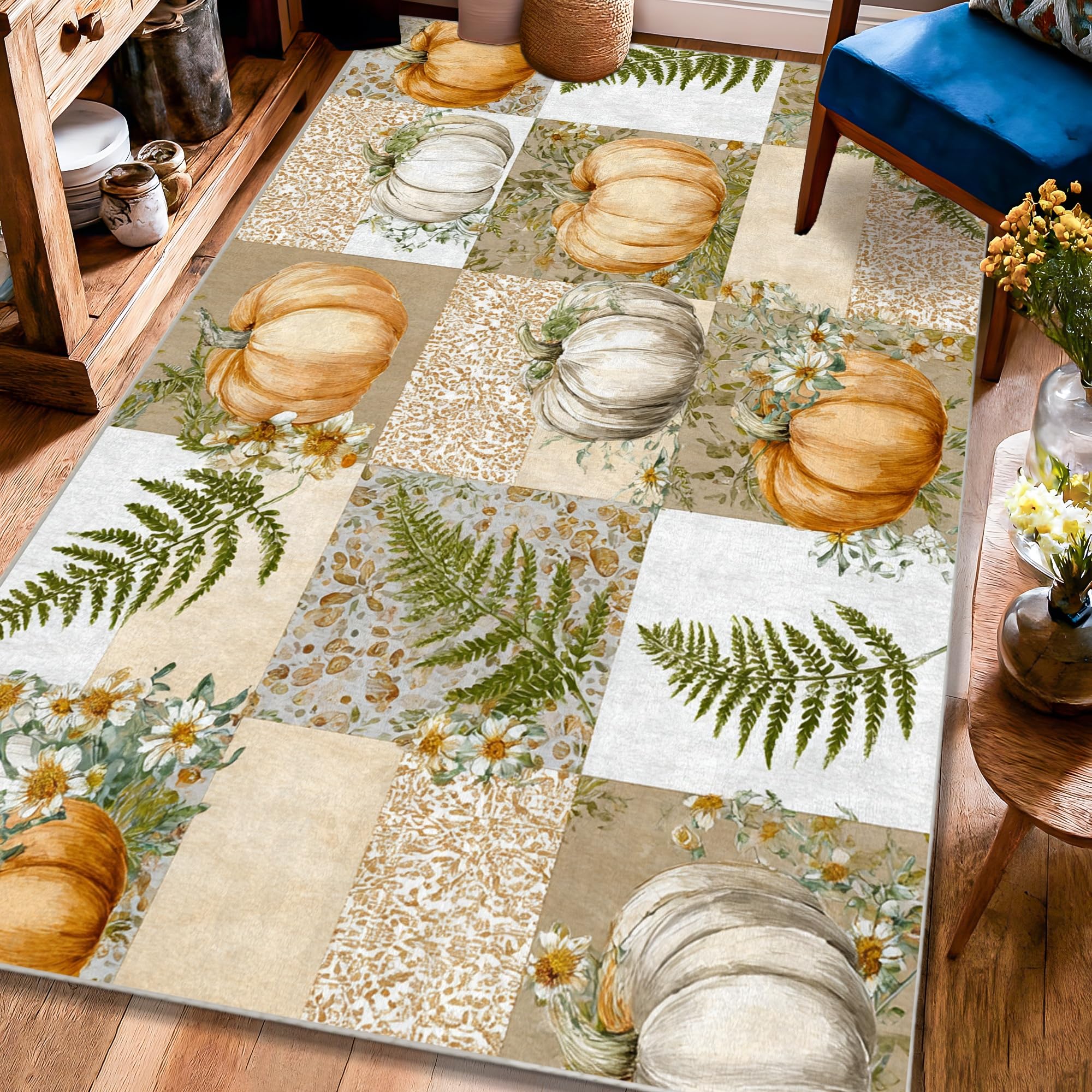 Tapis rustique d'automne avec bordure renforcée et motif citrouille