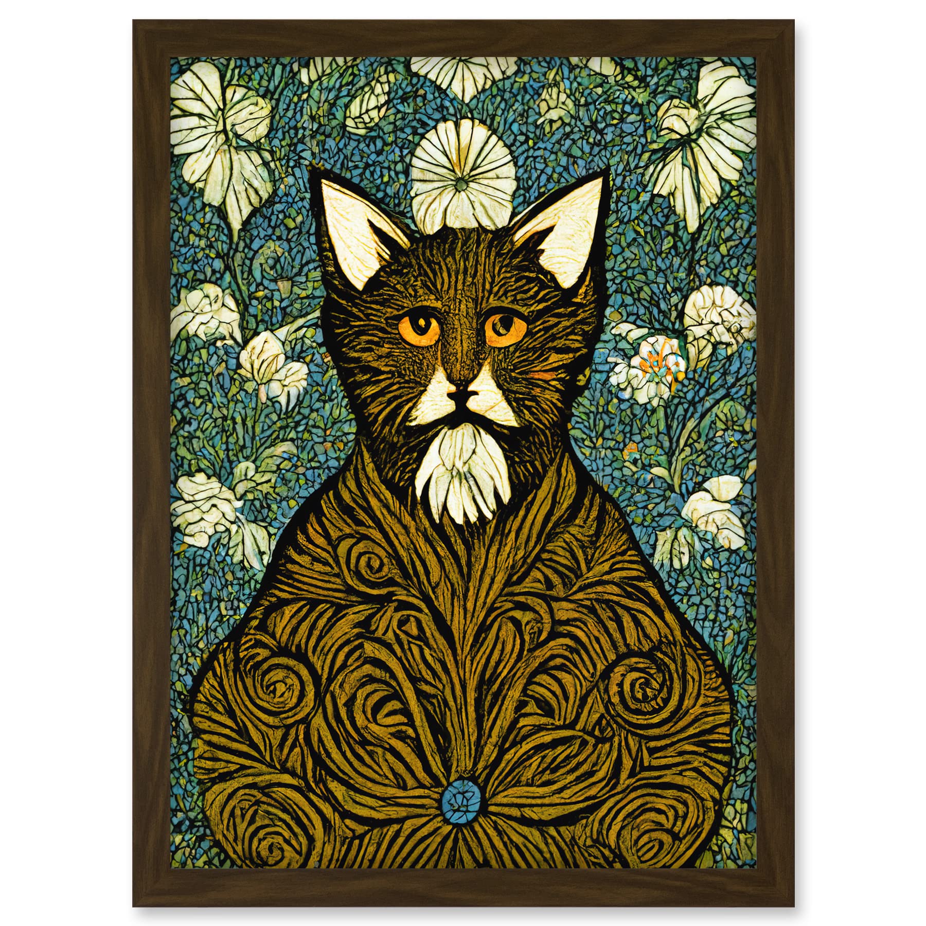 Doppelganger33 LTD Floral Paisley Illustrated Golden Cat William Morris Artwork Framed A3 Wall Art Print