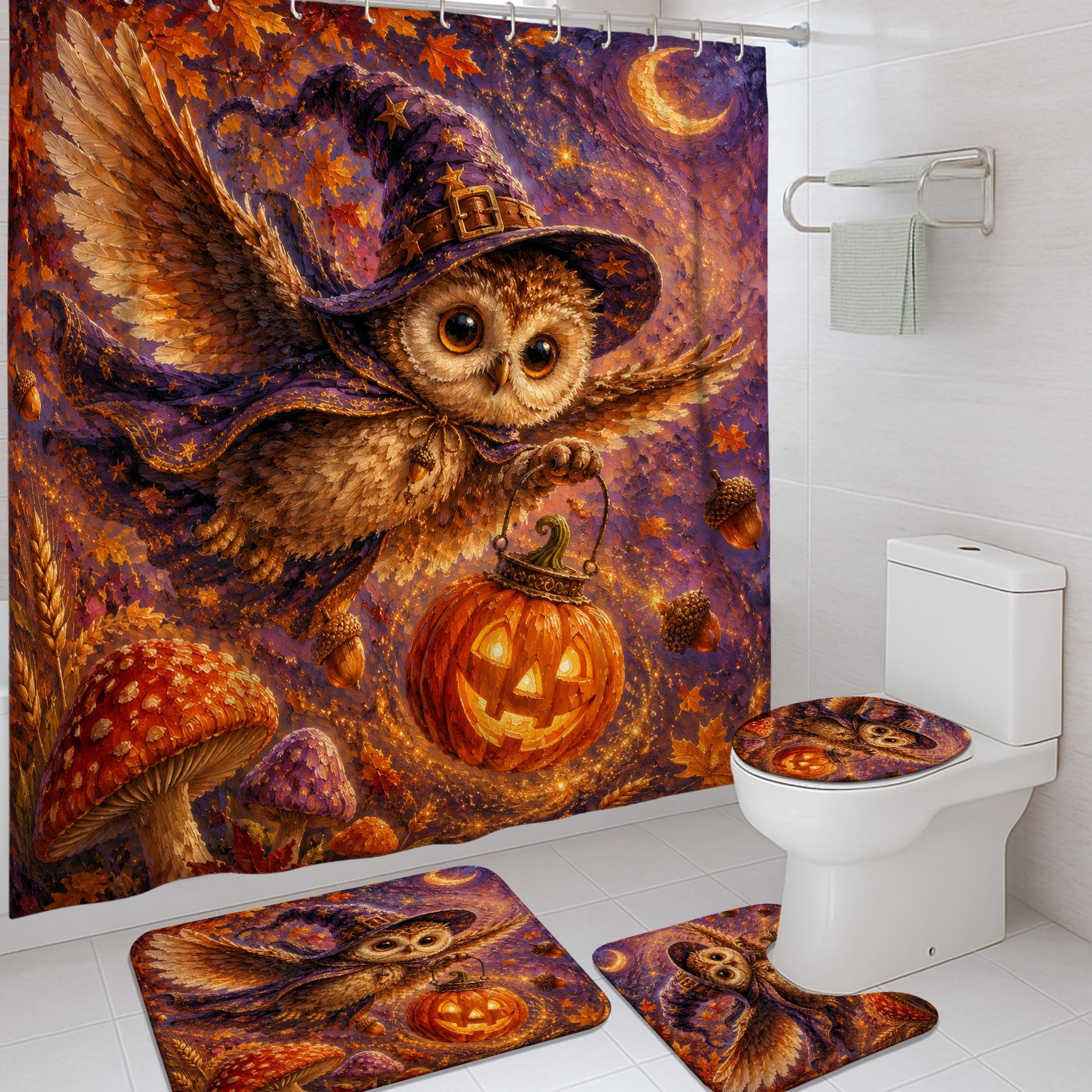 Rideau de douche Halloween orange 183x183 en tissu avec motif citrouilles et chouette