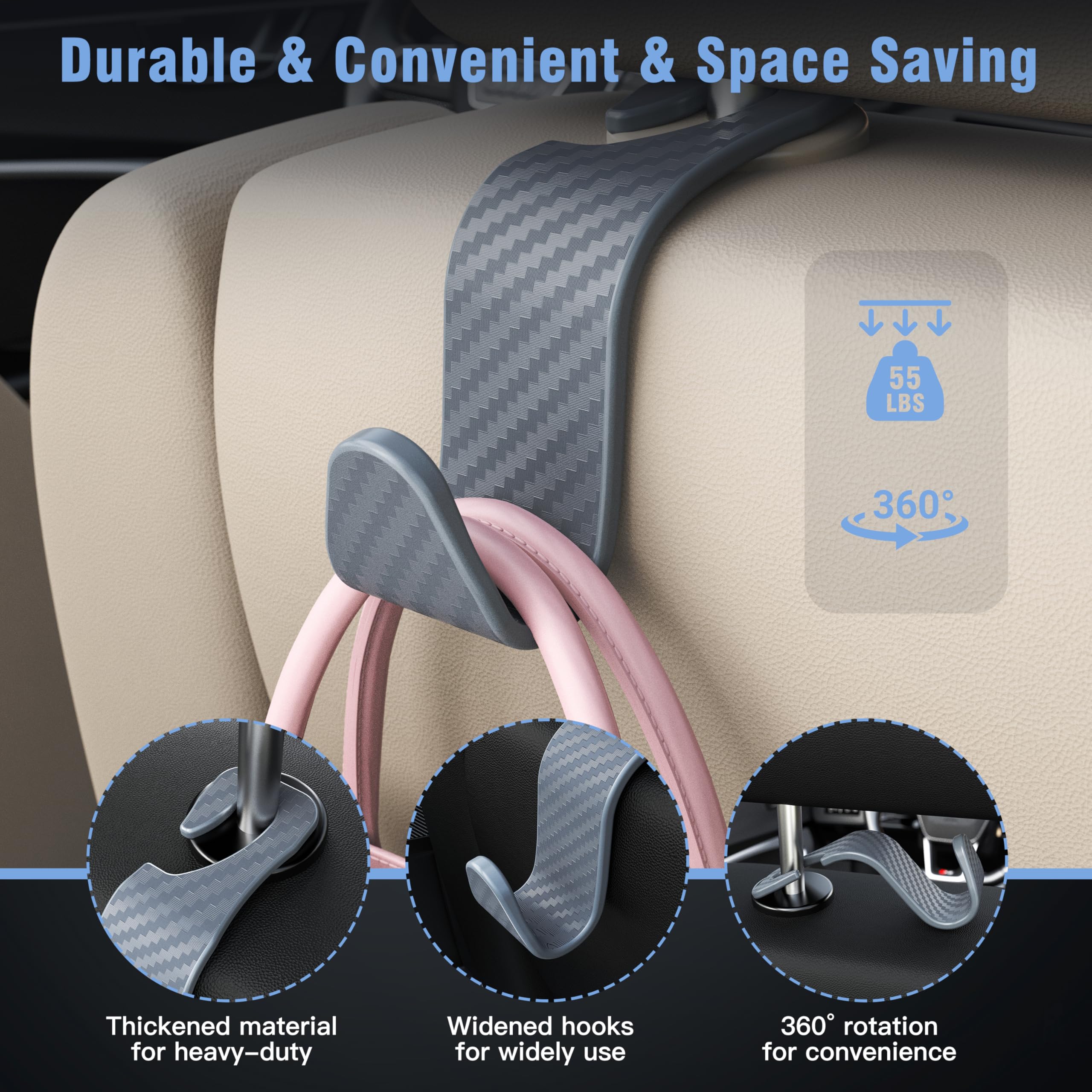 4-Pack Car Headrest Hooks Holds 55lbs Seat Storage Organizer for Bags view 5