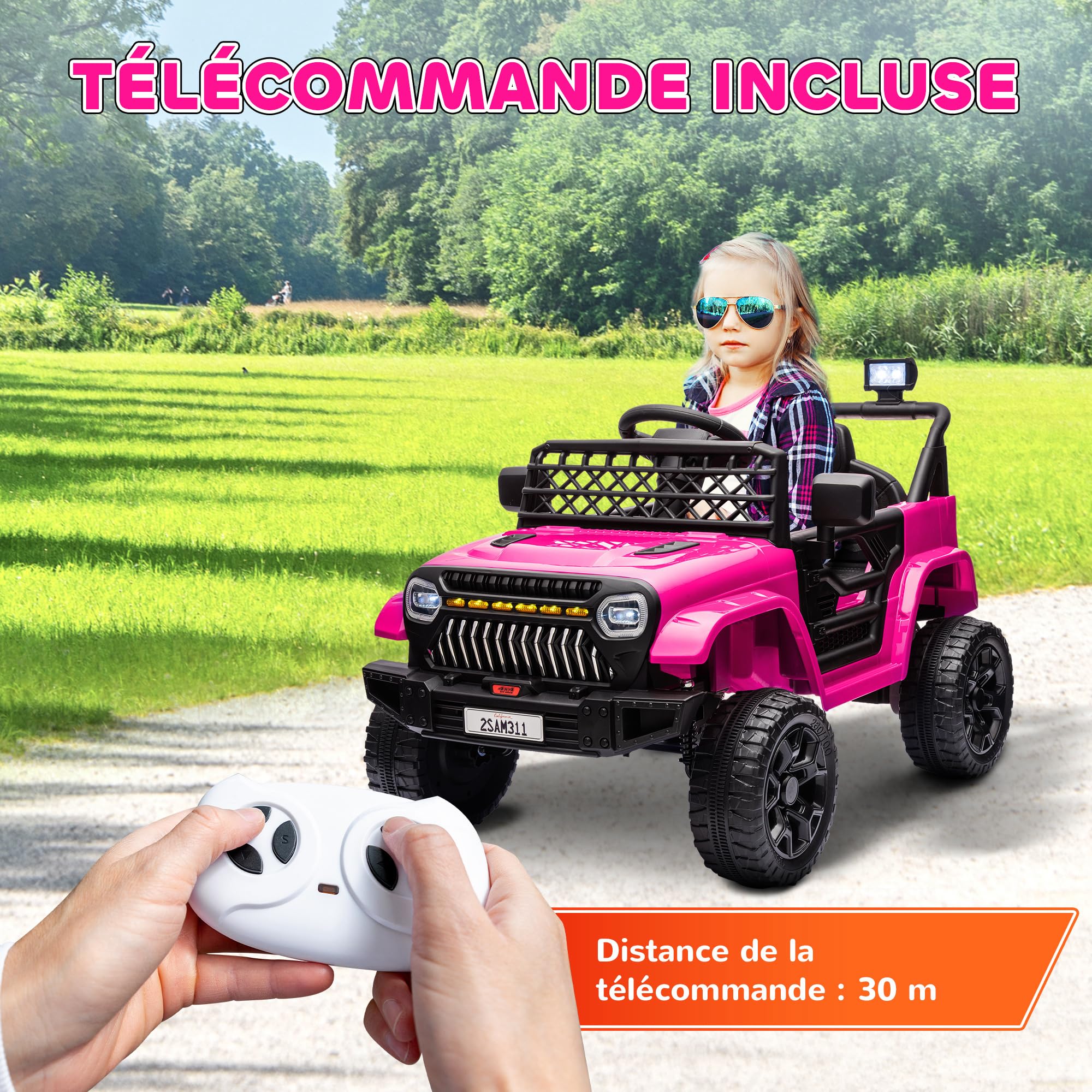 AIYAPLAY Voiture électrique Enfant, 4x4 Buggy électrique Enfant, avec télécommande 2,4Ghz, 2 Moteurs 12 V, Vitesse réglable, Port USB, Musique, klaxon, lumières LED, Noir