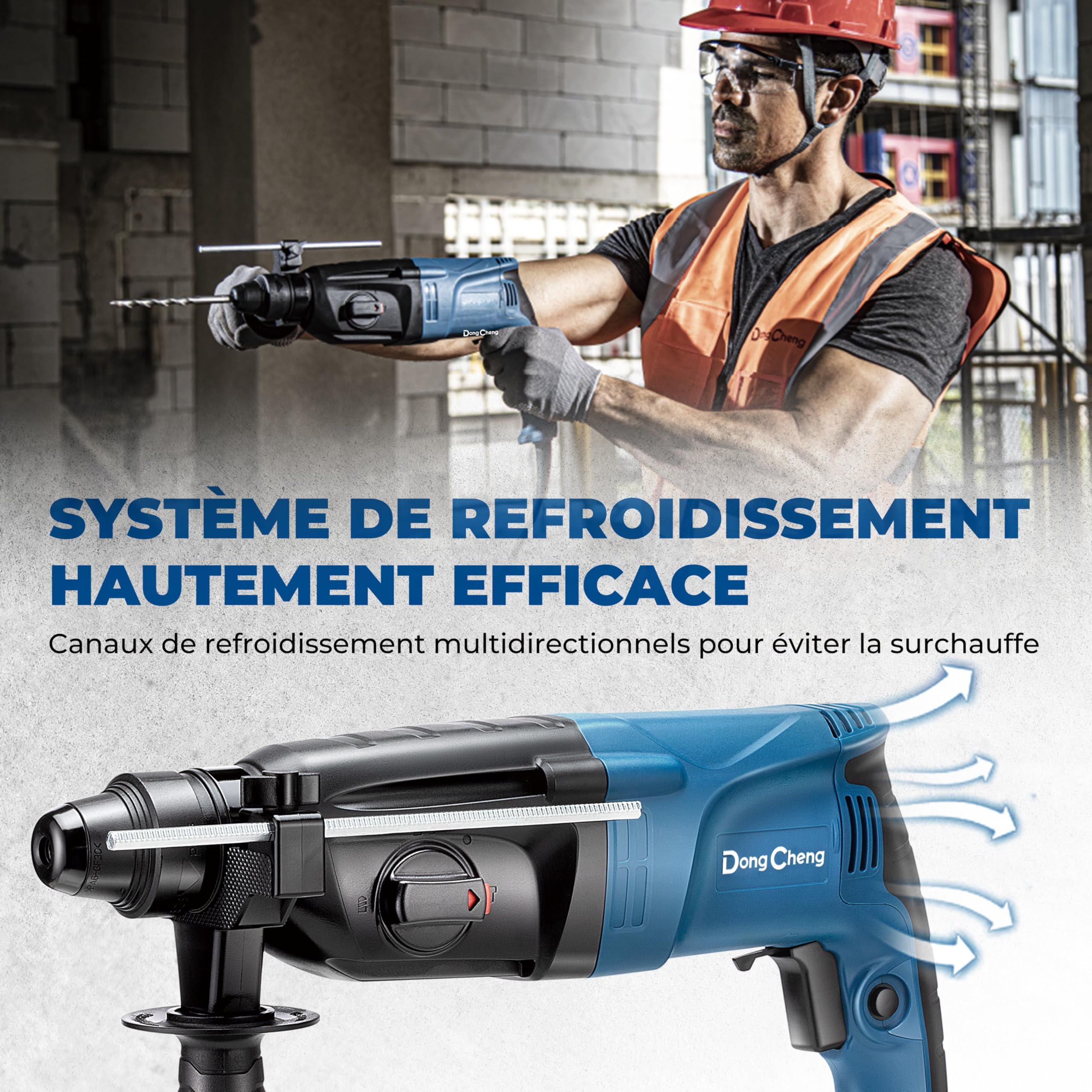 DongCheng marteau perforateur 800W, énergie d'impact 2.8 J, vitesse de ralenti 0-1200U/min, avec 4 Drill Bit SDS plus, 26mm, perceuse 4 en 1, marteau de démolition, poignée anti-vibration