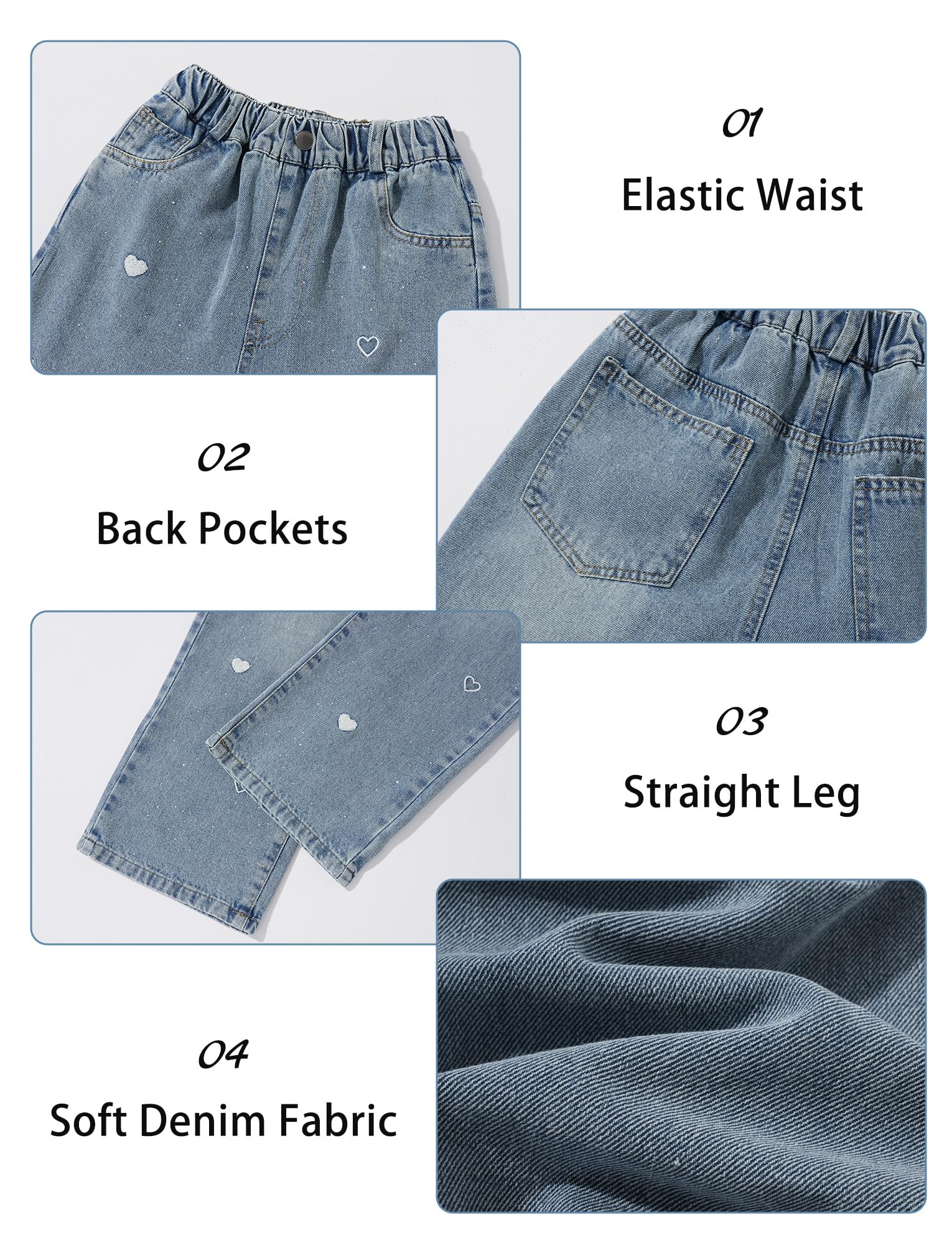 Happy Cherry Mädchen Jean Hosen Baggy Blau Denim Hose Kinder Hoher Elastischer Bund Jeans Weites Bein Casual Loose Straight Jeanshosen 120-170