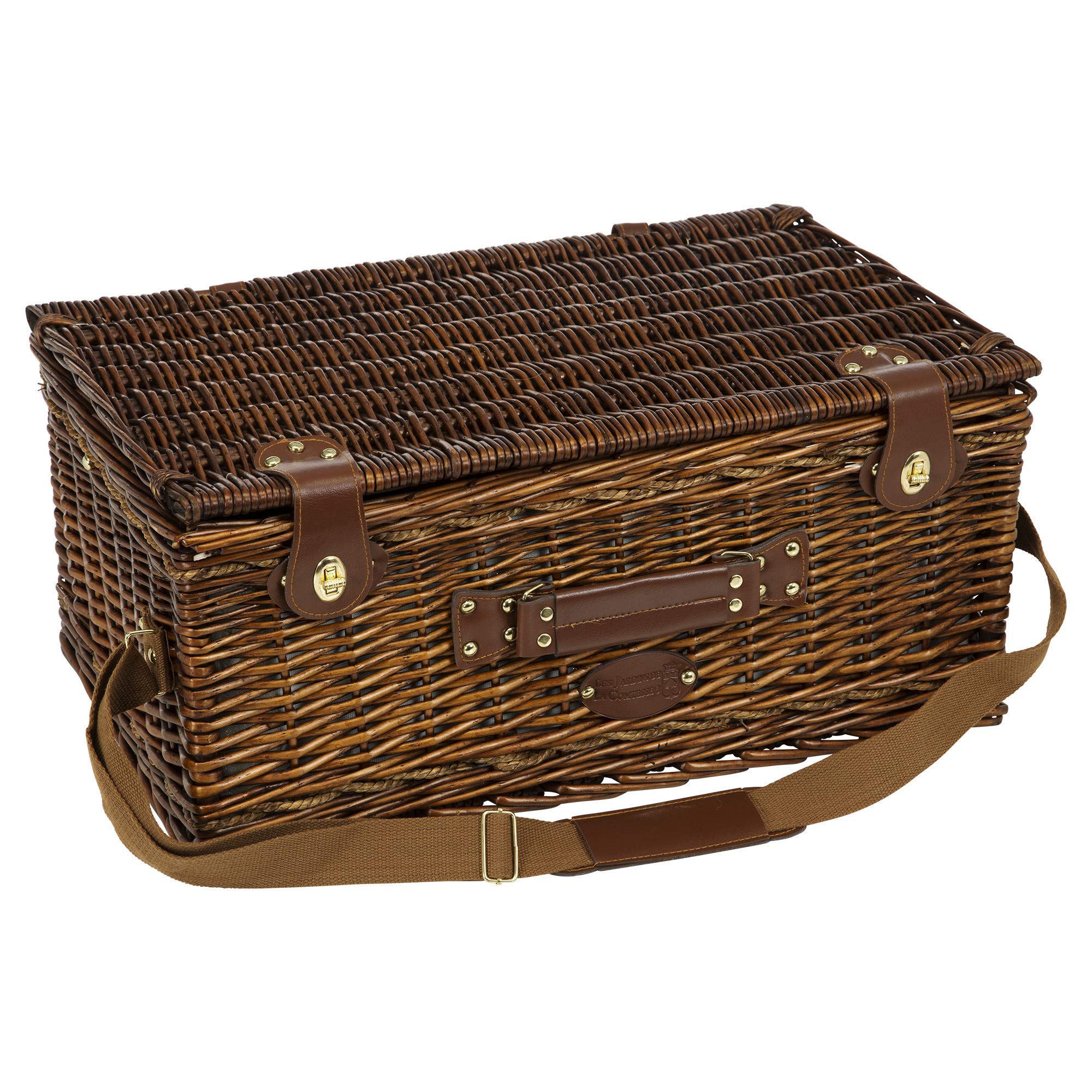 Les Jardins de la Comtesse - Cestino da Picnic Palais Royal - Vimini Natural - Completo/4 Pers - Scomparto Isotermico - Piatti in Ceramica/Calici in Vetro - Tessuto Marrone - 56 x 37 x 26 cm