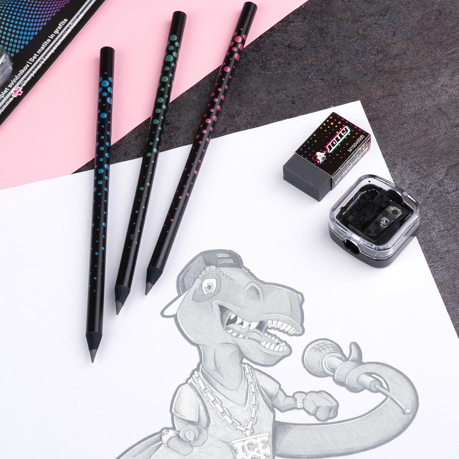 JOLLY Next Generation Graphite Set of 3 Graphite Pencils HB Black Wood Round Pen Shape with Subtle Design Including Black Eraser and Sharpener