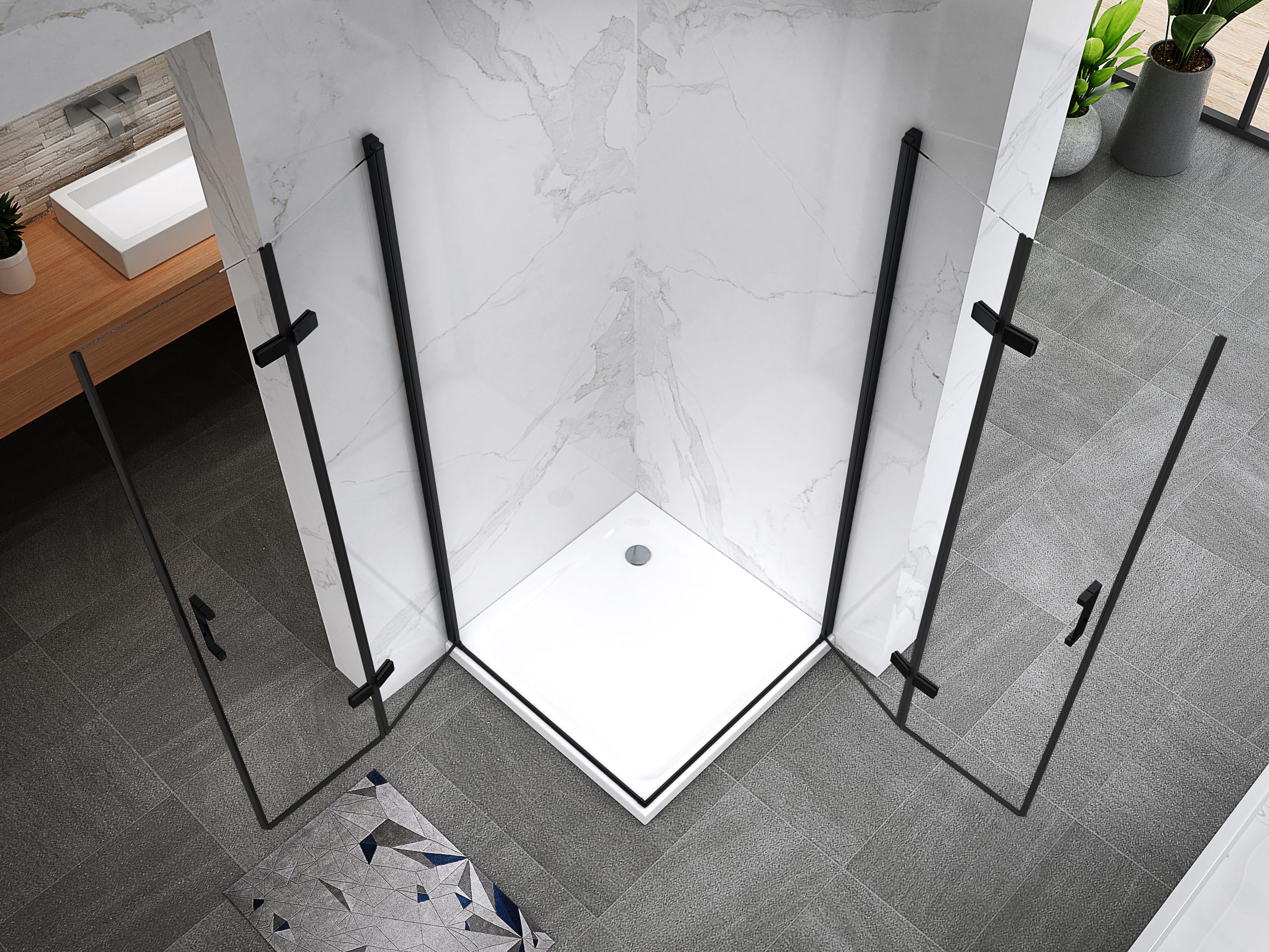 Mampara de Ducha Matilde | 75x75x190cm | REVERSIBLE | Puerta plegable | Ajuste 73,9-75,4 x 73,9-75,4cm | Perfiles Negros, Cristal transparente de 6 mm - Moments of Glass