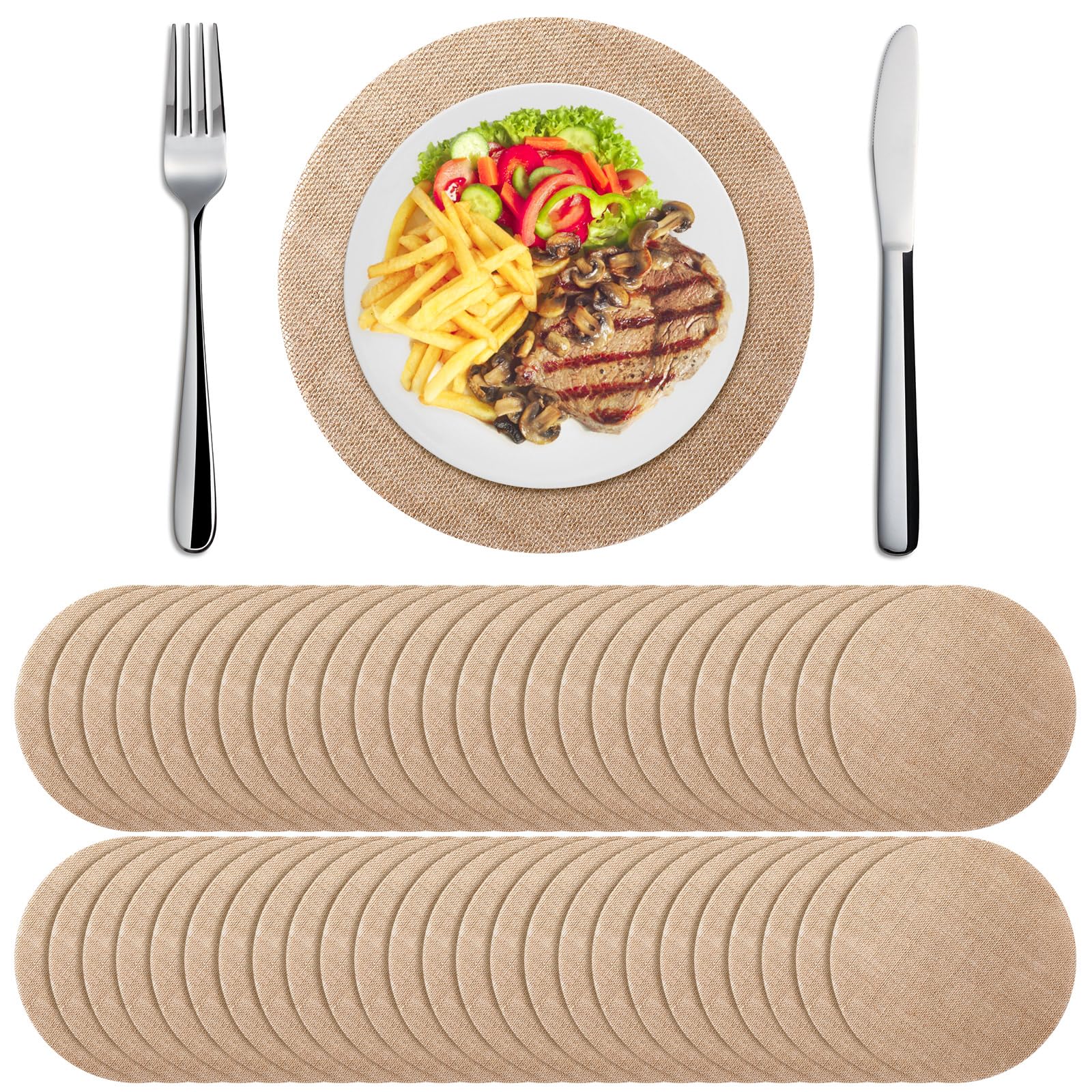 Mifoci 100 Pieces Fall Burlap Placemats, Burlap Round Reusable Placemats Brown Table Mats Circle Rustic Table Decorations for Wedding Christmas Dinner Holiday Farmhouse Supplies(13.78 Inches)