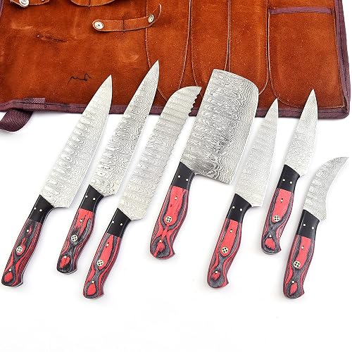 FYNCUT 136-7 Rust Proof Knife Set 7-Piece Damascus Stainless Steel Blades Professional Chef Knife Set with Leather Roll Case Bag Kitchen Knife Set for Men and Women Gift Pakkawood Handles 136-7 (7) - 7