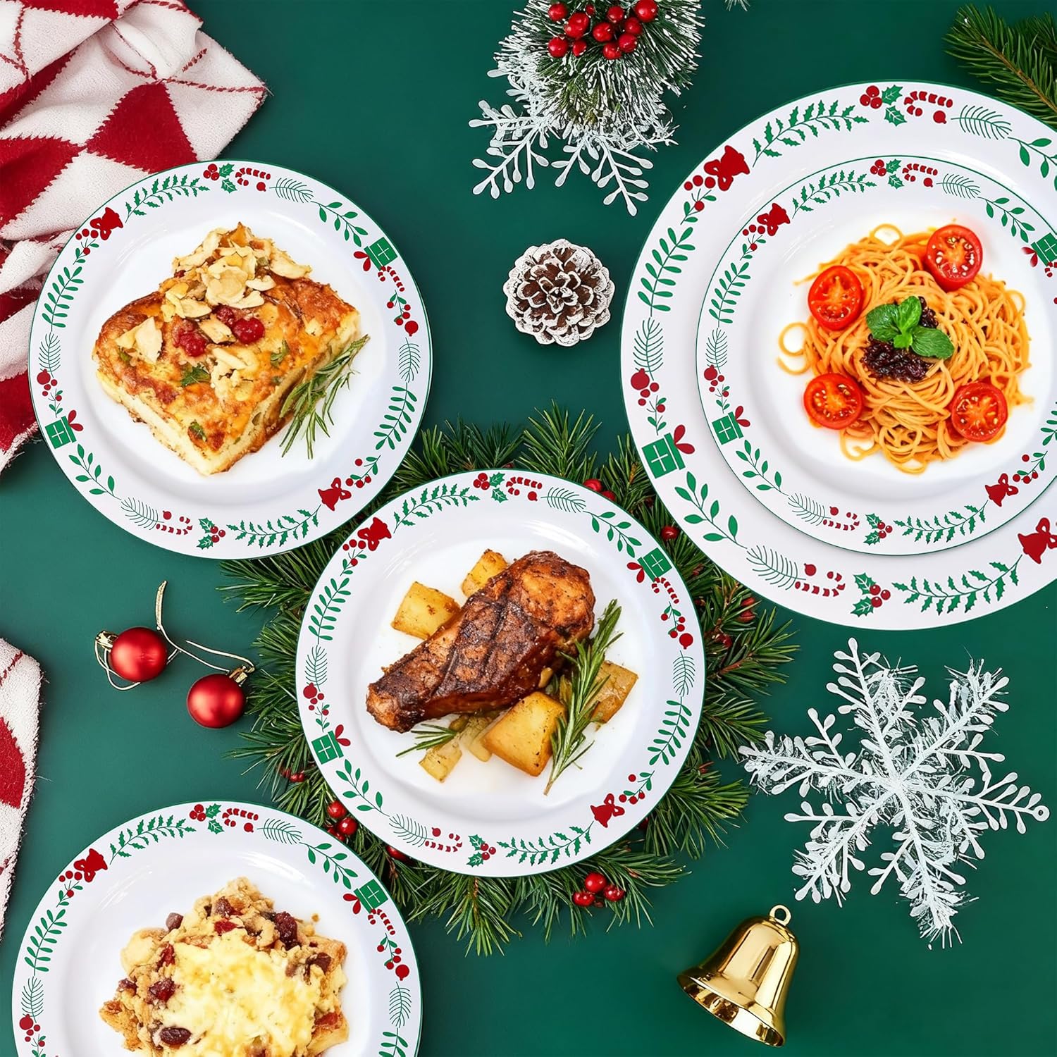 350pcs Christmas Disposable Plates & Cutlery Set - Plastic Plates, Tree Design, Gold Disposable Silverware, Clear Gold Cups for Holiday Celebrations 02