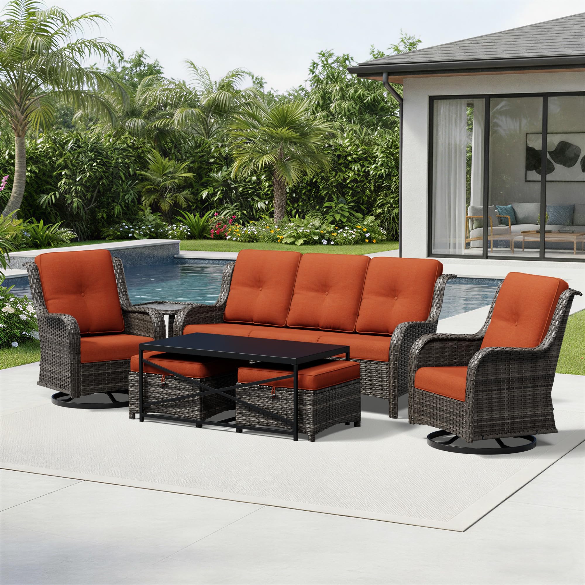 Joyside 7 Piece Wicker Patio Furniture Set, Outdoor Swivel Rocker Patio Chairs with High Back, Deep Seating, Wide Armrest, Thickened Cushions, Outdoor Furniture for Deck, Porch Use