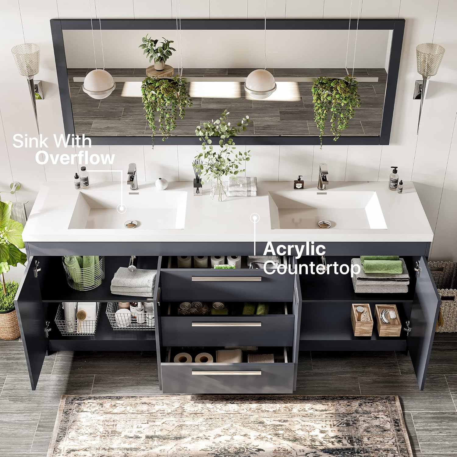 Eviva Lugano 84 in. Gray Double Sink Bath Vanity with Acrylic Top and Integrated Sinks