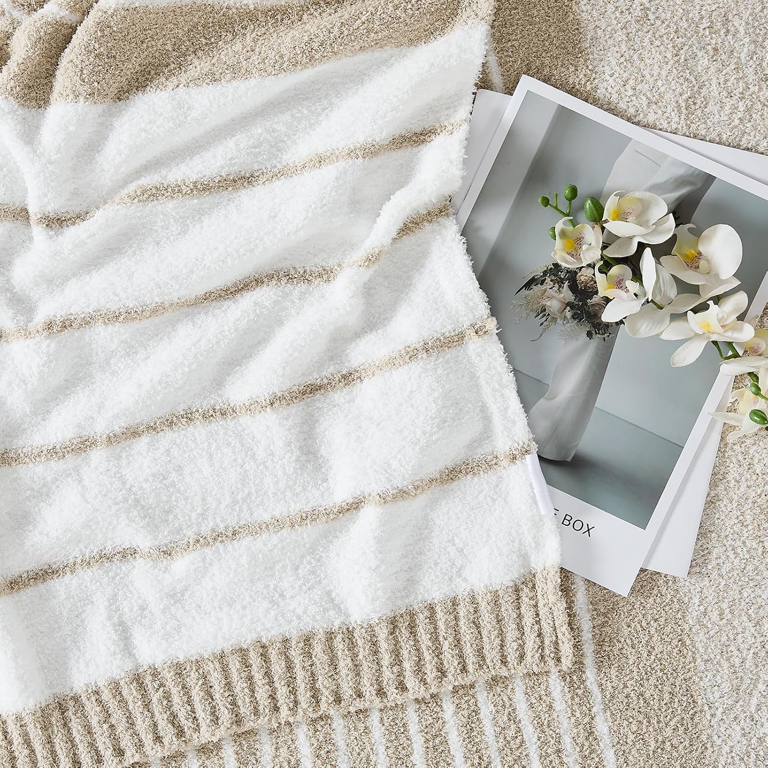 Throw Blanket, Taupe White Soft Cozy Fluffy Striped Throw Blankets for Couch, Sofa, Bed, Chair, Warm Fuzzy Plush Lightweight Decorative Stripe Blanket, 50x60 inches - Image 4