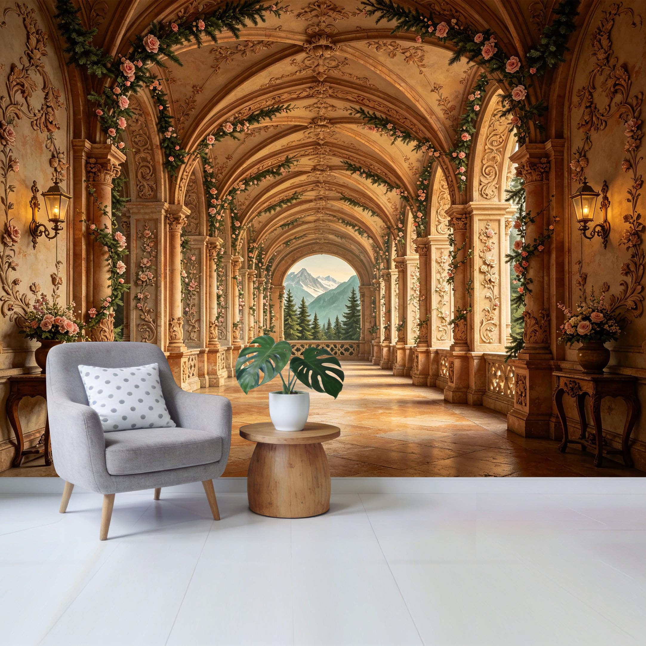 Removable Self Adhesive Fabric Mural， Neoclassical Floral Archway Mountain Landscape Custom Size Wall Covering， UV Protected Waterproof Washable Wall Decor for Living Room Bedroom Bathroom