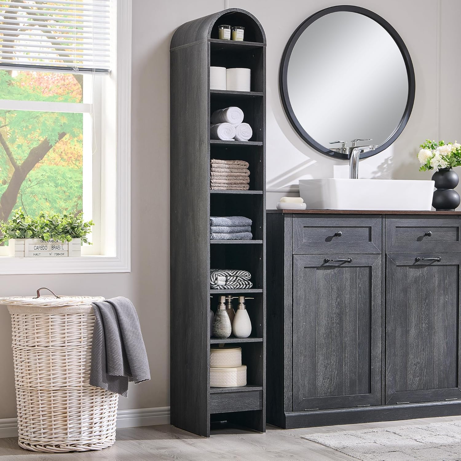 67" Tall Arched Bookshelf, 8 Tiers Arch Bookcase with Storage, Modern Farmhouse Book Shelf with Adjustable Shelves, Wood Bookshelf w/Open Display Shelves for Living Room, Office (Dark Grey) - Image 6