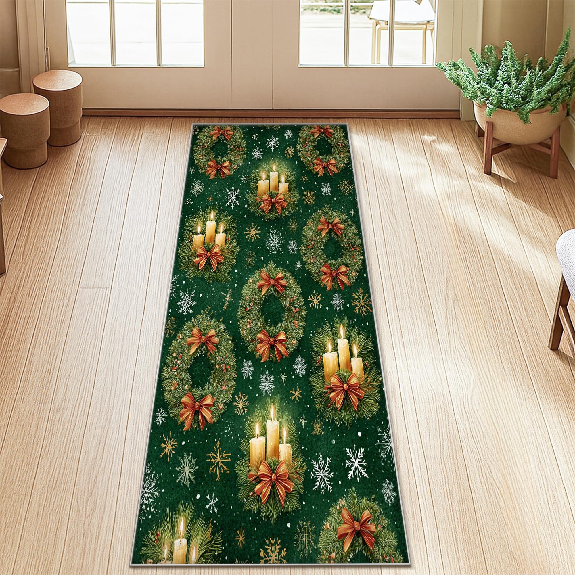 Tapis de couloir anti-saleté à poils ras vert de Noël pour entrée et cuisine