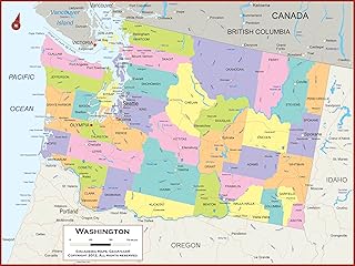 36 x 27 Washington State Wall Map Poster with Counties - Classroom Style Map with Durable Lamination - Safe for Use with Wet/Dry Erase Marker - Very Popular for Educators and Homeschool!