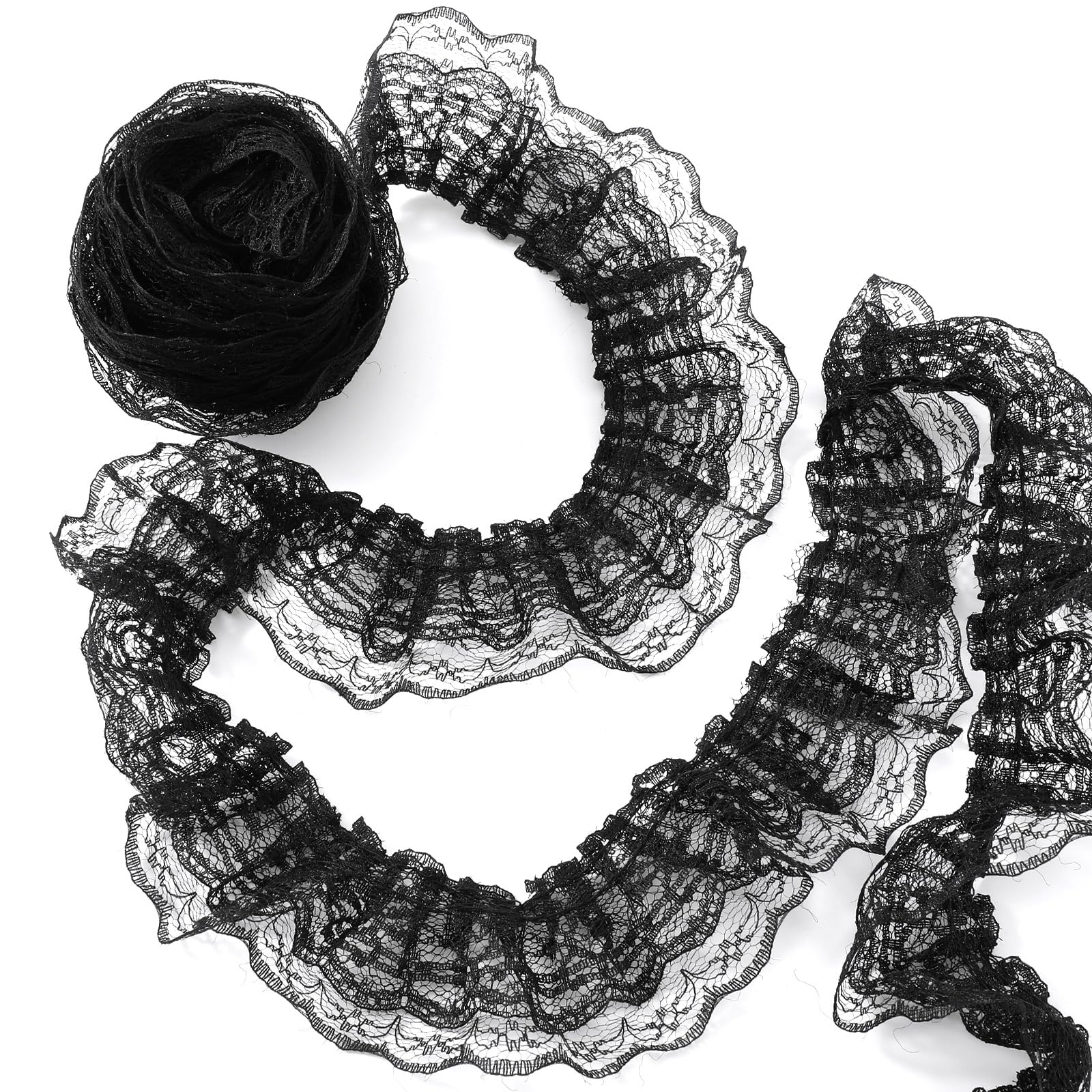 Matwsec 9m/10 Yards Black Lace Ribbon 2-Layer Ruffle Trim 4.5cm Width Black Lace Trim for Sewing Crafts Wedding Bridal Dress Embellishment Gift Package DIY Decor