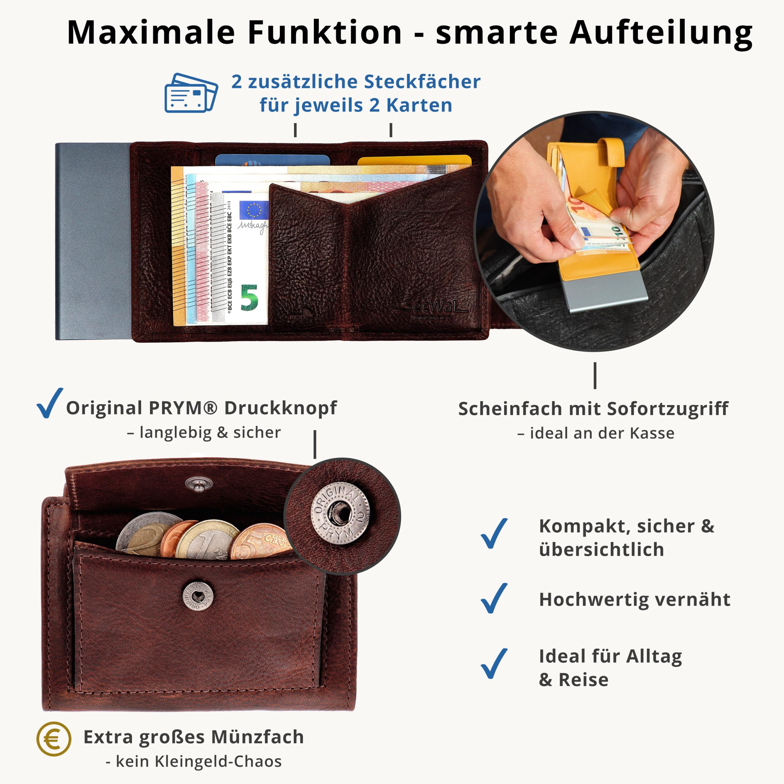SecWal Portafoglio Uomo Donna Slim con Portamonete con Chiusura a Pressione - Vera Pelle - Protezione RFID - Mini Portacarte Made in Germany con Confezione Regalo ed E-Book (Marrone Bull)