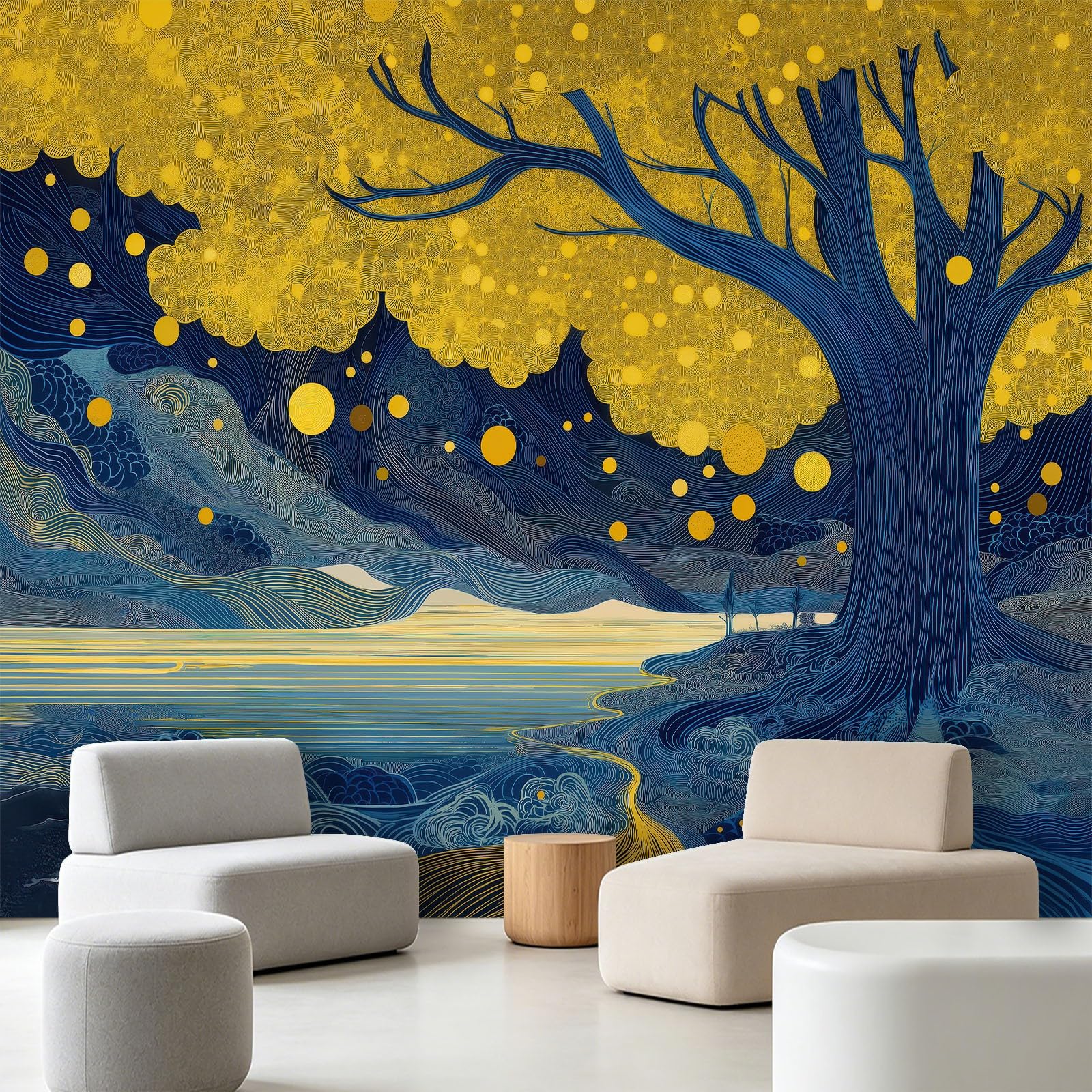 Carta da parati fotografica con grande albero a pois fiume 350 x 256 cm (larghezza x altezza), in tessuto non tessuto, illustrazione fantasia, per cucina, sala da pranzo, ufficio, carta da parati