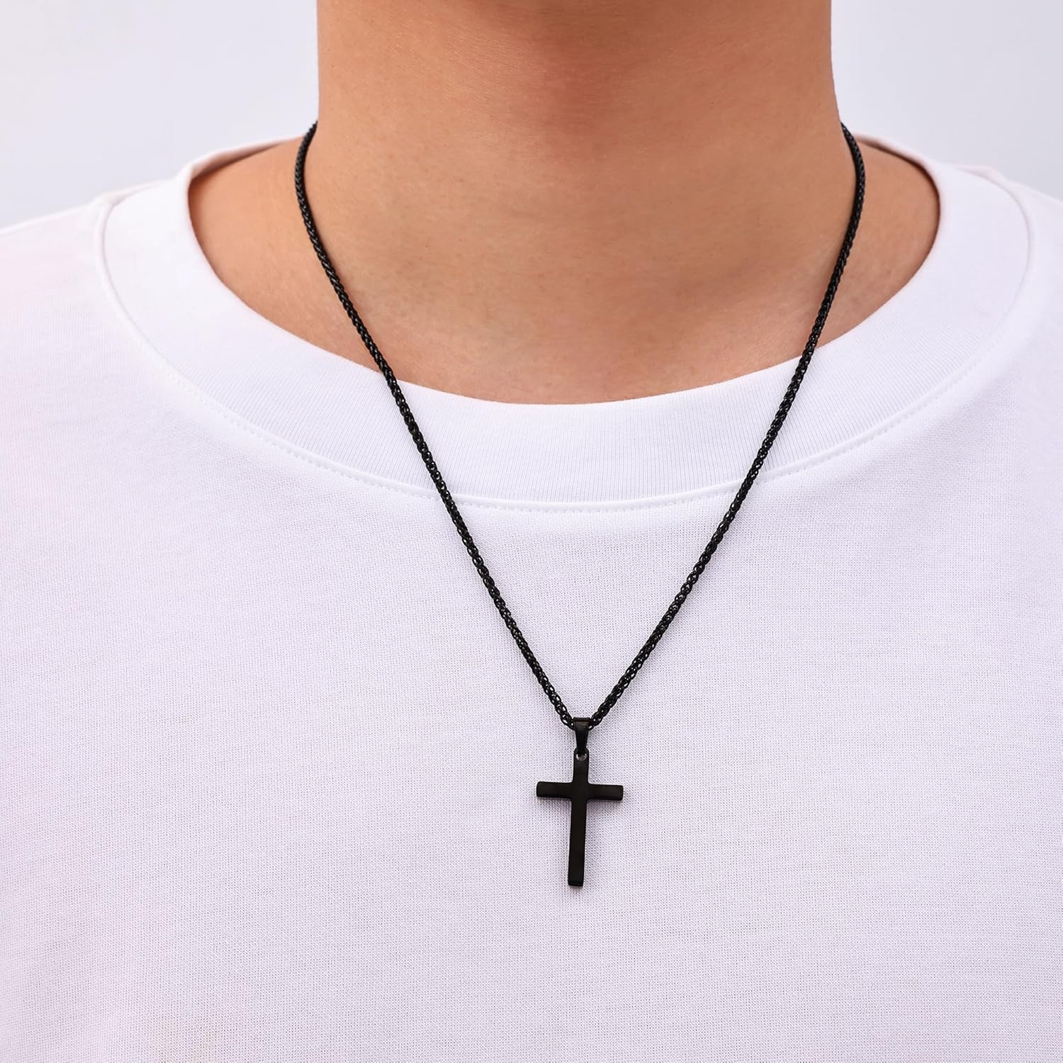 Fiusem Cross Necklace for Men, Silver Tone/Gold Plated/Black Mens Cross Necklaces with 2.5mm Chain, Stainless Steel Wheat Chain, 16-24 Inch - Image 2