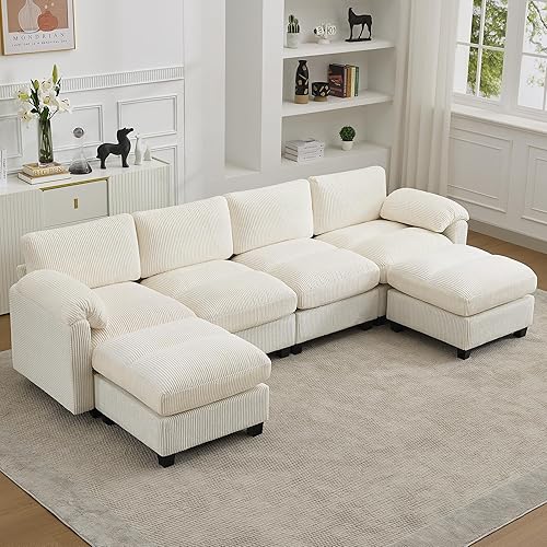 Miniatura 26 de Sofá nube seccional en forma de V de 114 pulgadas con otomana, sofás modulares de 7 plazas para sala de estar, sofá de pana de gran tamaño con