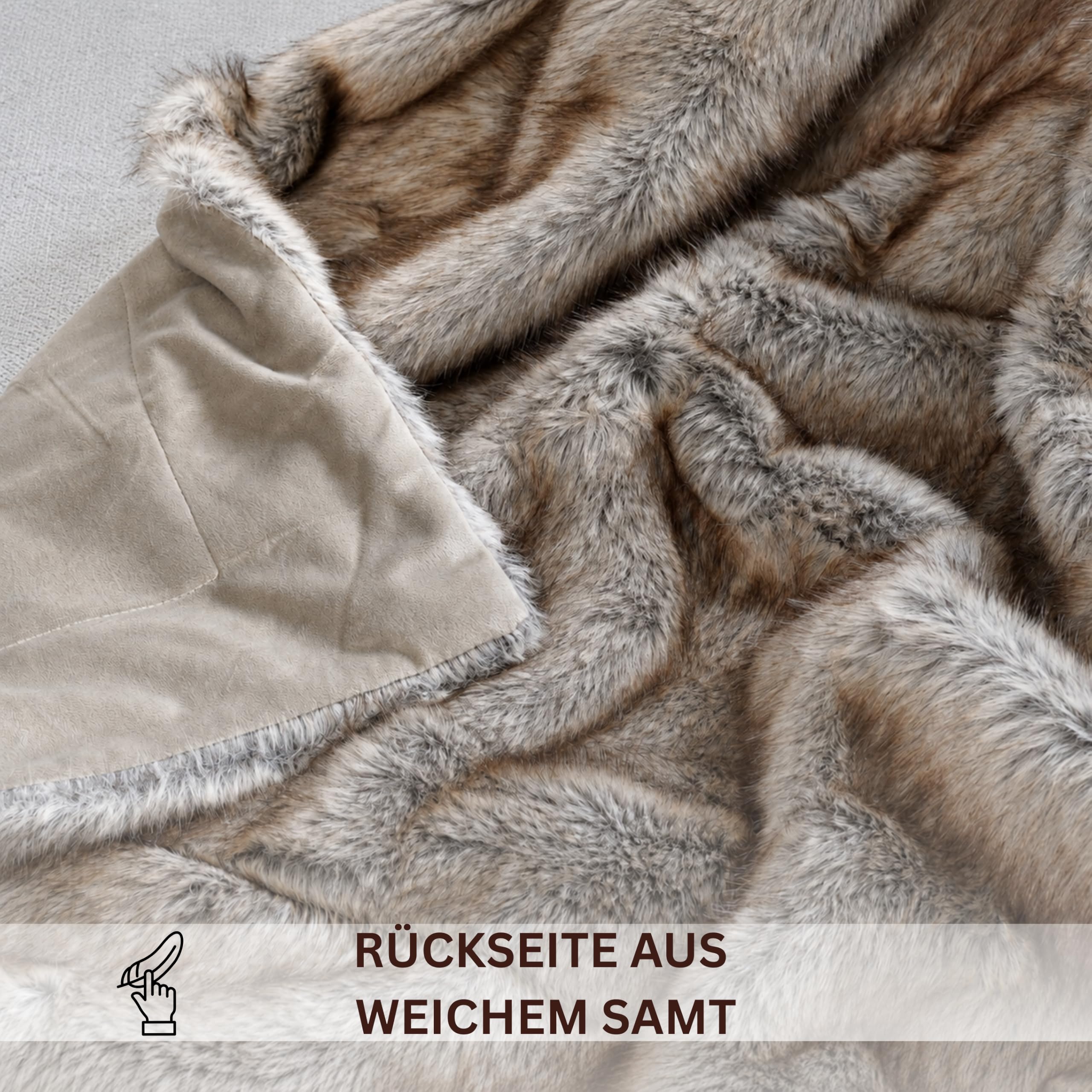 Felldecke, Kuscheldecke Flauschige Pelzdecke, Wendedecke Felloptik, XXL Überwurf für Sofa & Bett, hochwertig rustikale Tagesdecke (Braun/Wolf/Simba, 150 x 200 cm)