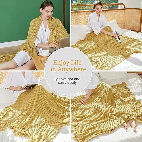 Miniatura 6 de Manta de punto para sofá, manta suave de estilo rústico bohemio con borlas, manta ligera decorativa para el hogar, manta amarilla mostaza para cama,