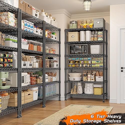 Miniatura 4 de REIBII Estantería de metal de 6 niveles, estantes de alambre resistente, estantes de despensa profundos ajustables con carga de 800 libras, estantes