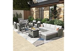 Patio Sectional Furniture Sets Clearance Sale: 16-Piece Wicker Set with Fire Pit Table